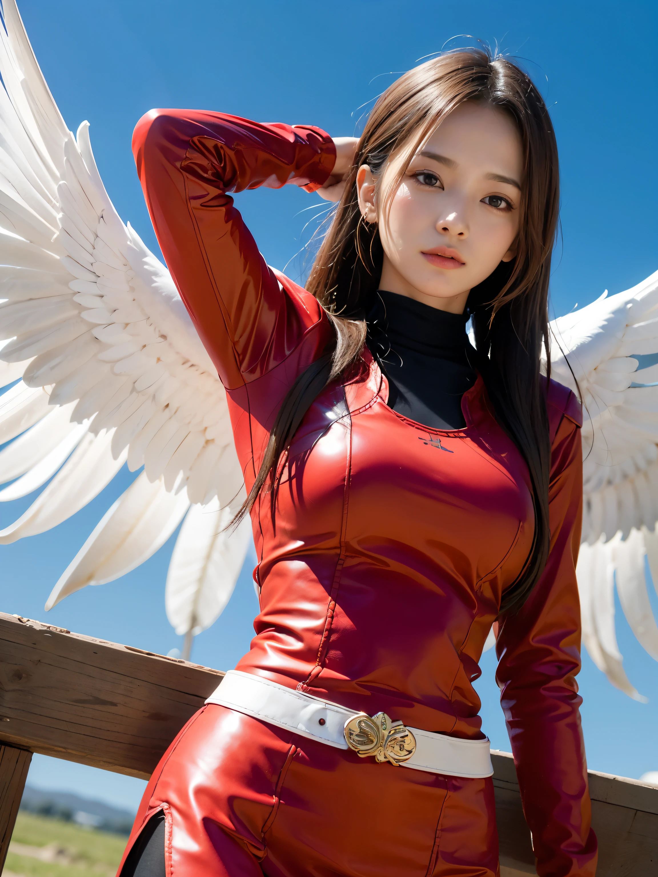 hight resolution, hight resolutionであり, (masutepiece: 1.4), Hyper-detailing, Actress details, red armor and white wings, Flying in the sky (1.8) The background is wild, fire