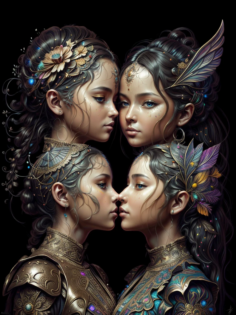 Pintura digital de una mujer joven con su hija en el regazo, con un tocado floreado ,Arte de Alberto Severo, salpicaduras y gotas congeladas multicolores, jardin renacentista, dream, Pintura digital surrealista , brillos tornasolados, efectos 3D, Ultra HD, obra de arte magistral ,cinematic lighting,16k Arte digital 4K altamente detallado, Pintura digital intrincada, Arte digital detallado 4K, Gran arte digital con detalles, amazing detail digital art, Arte digital extremadamente detallado, Arte digital altamente detallado, amazing digital art, Awesome Digital Illustration, hyperdetailed fantasy character, Arte digital hiperdetallado, Arte digital demasiado detallado, (2girls:1.2), (kiss:1.3), (eye contact:1.2)