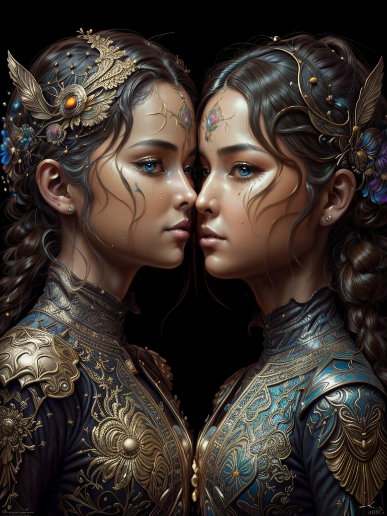 Pintura digital de una mujer joven con su hija en el regazo, con un tocado floreado ,Arte de Alberto Severo, salpicaduras y gotas congeladas multicolores, jardin renacentista, dream, Pintura digital surrealista , brillos tornasolados, efectos 3D, Ultra HD, obra de arte magistral ,cinematic lighting,16k Arte digital 4K altamente detallado, Pintura digital intrincada, Arte digital detallado 4K, Gran arte digital con detalles, amazing detail digital art, Arte digital extremadamente detallado, Arte digital altamente detallado, amazing digital art, Awesome Digital Illustration, hyperdetailed fantasy character, Arte digital hiperdetallado, Arte digital demasiado detallado, (2girls:1.2), (kiss:1.3), (eye contact:1.2)