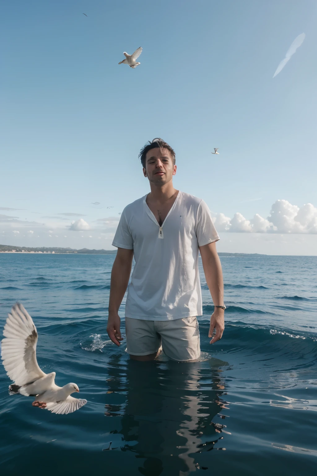 Man on the surface of the ocean, blue sky with white doves in the sky