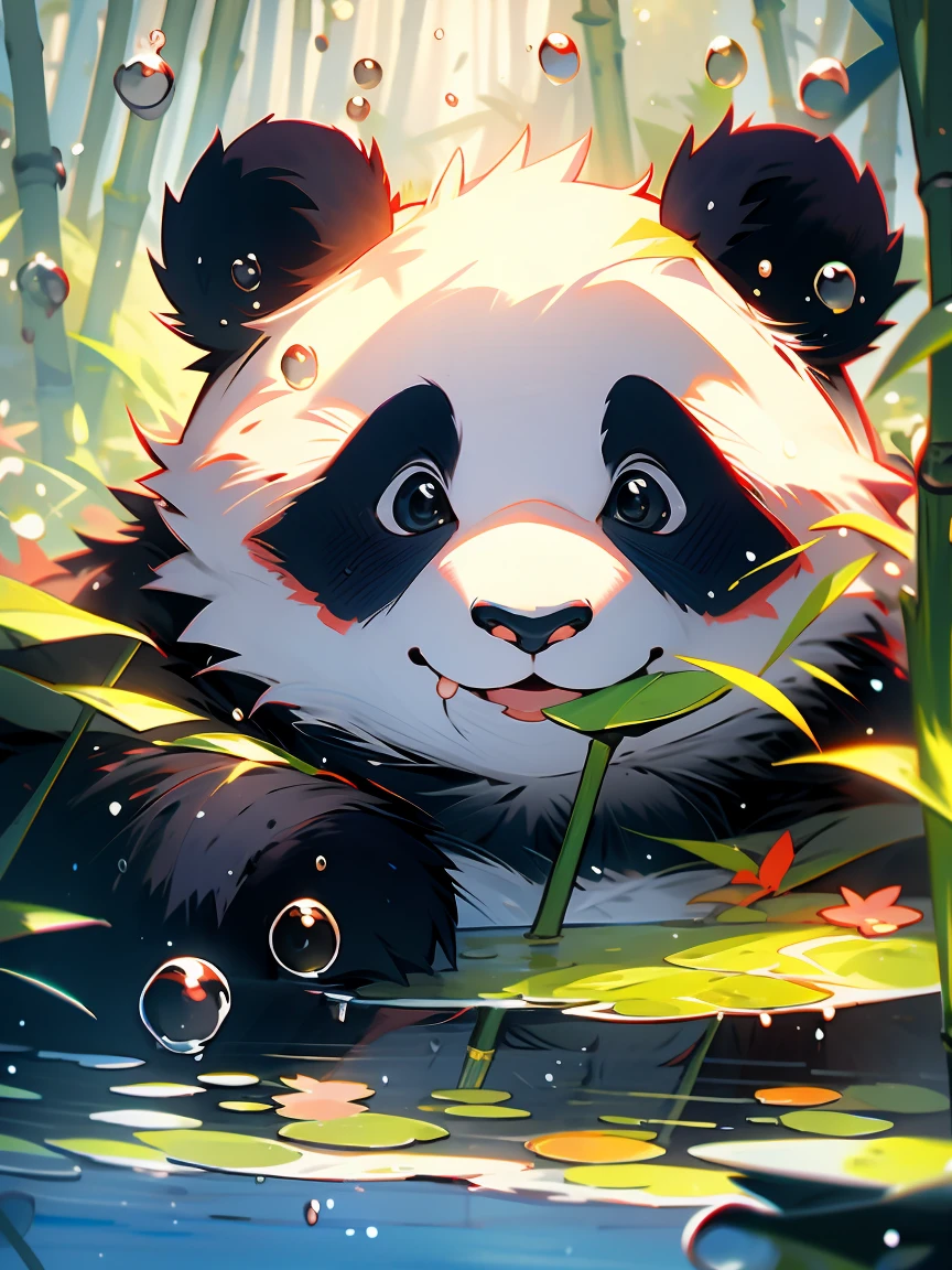 1 cute panda, face closeup, portrait, furry, leaves, no man, water, blisters, bubbles, more details, rich colors, cute smile, best quality, 8K, high saturation