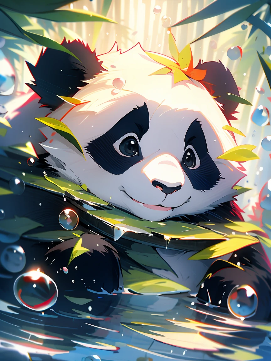 1 cute panda, face closeup, portrait, furry, leaves, no man, water, blisters, bubbles, more details, rich colors, cute smile, best quality, 8K, high saturation