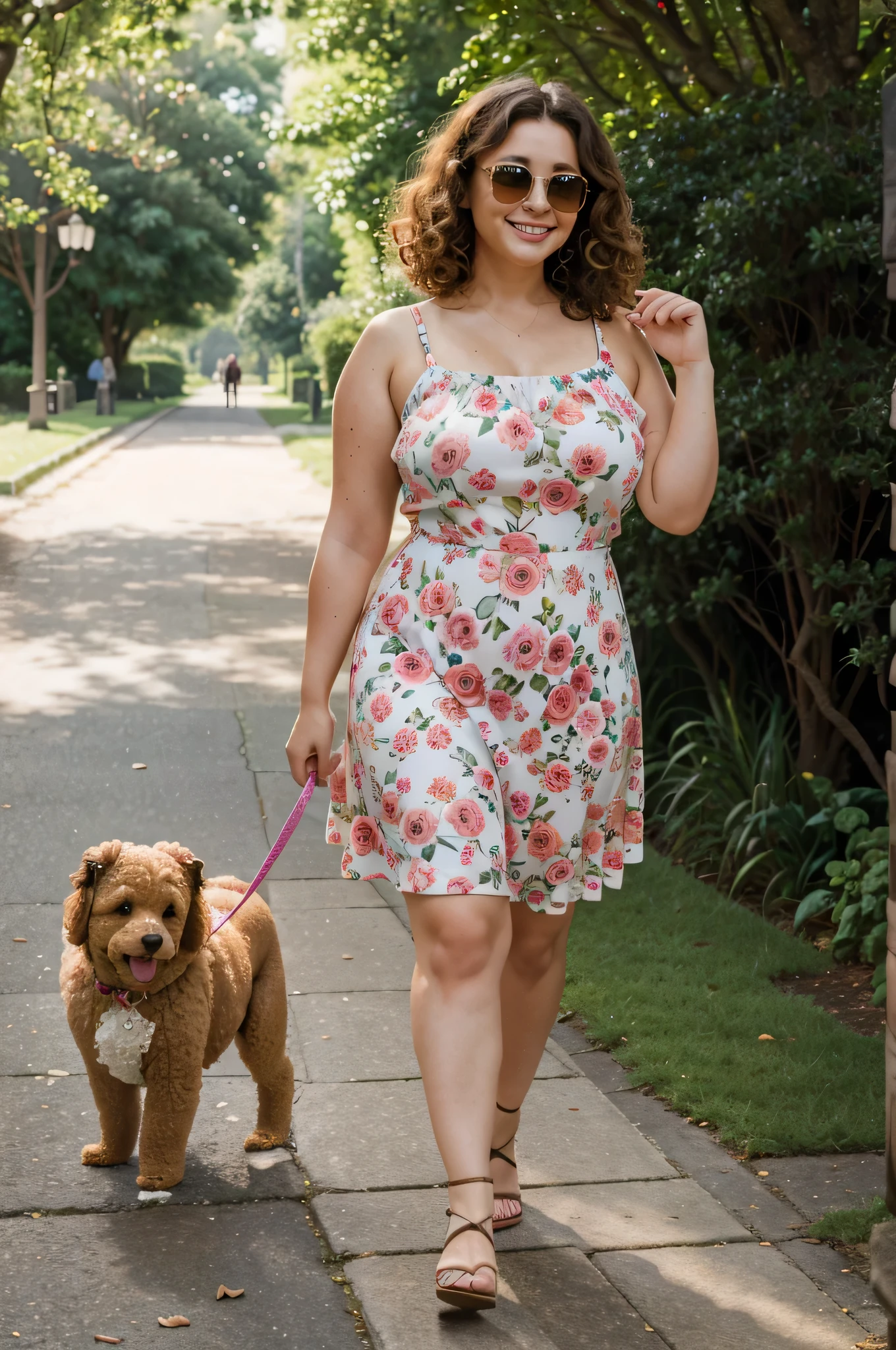 beautiful, Mollige Frau, die mit einem Pudel im Park spaziert,Illustration, Lebendige Farben,lush greenery,verspieltes Sonnenlicht,best quality,hight resolution,Ultra-detailliert,realistisch,happy expression,bright smile,Modisches Outfit,Floral Dress,Retro-Sonnenbrillen,cute poodle with curly fur,beautifully styled hair,lockige Locken,handgemacht,impressionistische Pinselstriche,sonnenbeschienener Weg,Purpurrote Rosen,Peaceful atmosphere