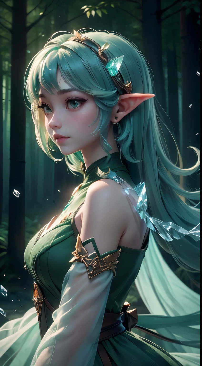 (Masterpiece, Top Quality, Best, Official Art, Beautiful and Aesthetic, Long Exposure: 1.2), Smooth Movement, Charming Patterns, 1 Girl, (Long Dress with Sleeves: 1.3), (((Green Clothes) )), upper body close-up, bare shoulders, Chinese girl, blush, black lob hair, portrait, solo, upper body, looking at the observer, detailed background, detailed face, (crystallineAI, crystalline theme:1.1), elemental wood elf, rotation foliage, control foliage, emerald clothing, dynamic pose, floating particles, ethereal dynamics, foliage, vapor, forest in the background, green tint, forest, ethereal atmosphere,