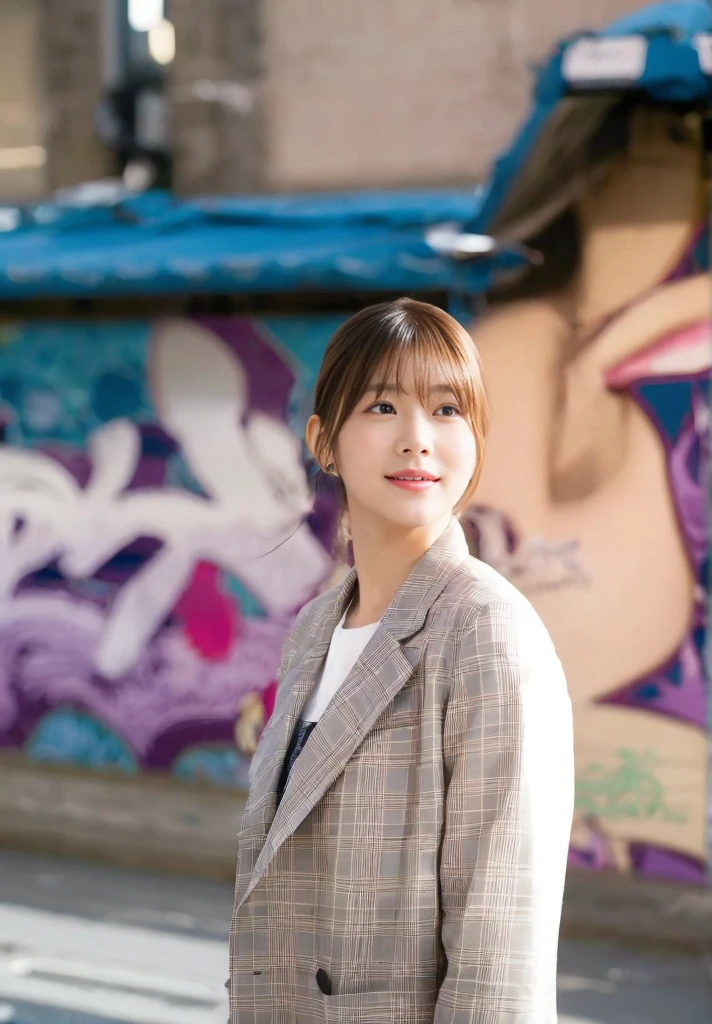 (On a table, Best quality, realistically, ultra - detailed, meticuloso, A high resolution, 8k wallpaper), Close-up portrait of a beautiful woman, Chariada, Smiling, light brown messy hair, Perfect dynamic composition, 美丽meticuloso的眼睛, Just like the cover of a fashion magazine, On campus