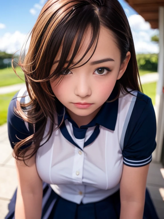 Realistic, outdoor, 1wall, wide angle,1girl, Long hair, embarrassed, blushed, wide angle, POV, from below, standing, ( high school girl uniform , reg spread), light rays, glow, (masterpiece), wallpaper,
