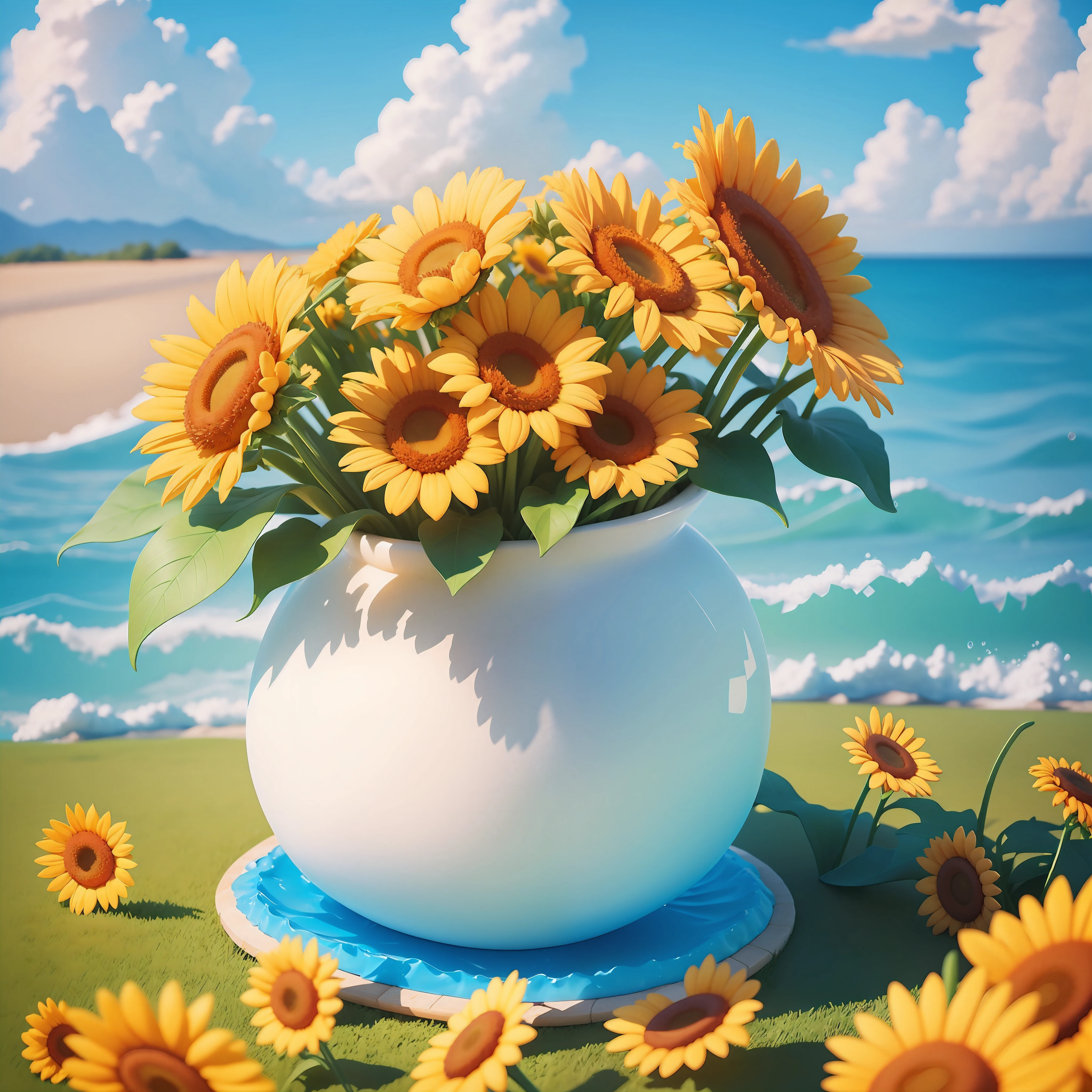 Summer clouds, sun flower, Sunny weather,sky, Sunny, colourfull, Fun and happy summer vacation, simple illustration, close-up, Brilliant sunshine, distant waves, Visual impact, 3D Dreamworks Style,