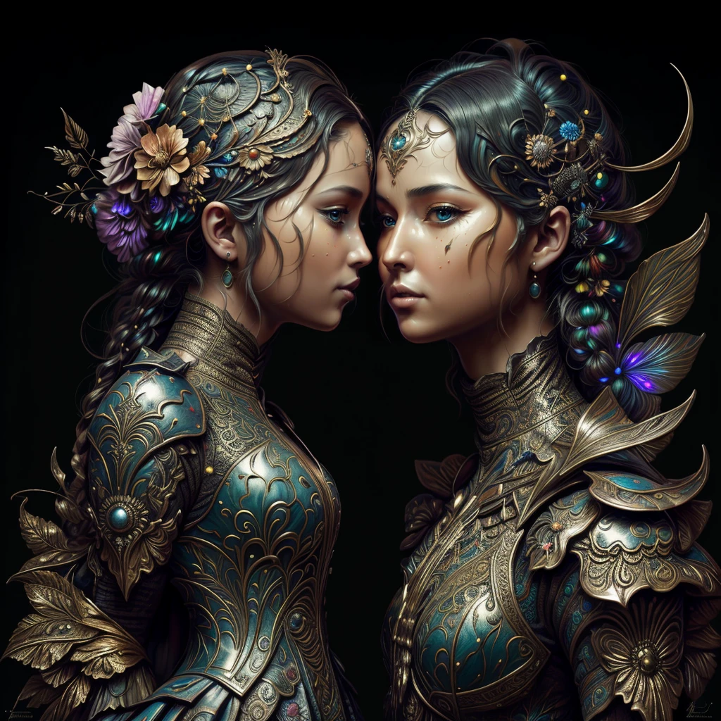 (one woman has blue eys, golden hair and is covered in orange yellow liquid paint), (another woman has golden eyes, black hair and is covered in blue liquid paint), (masterpiece, 8k, extreme detail, level detail, layer detail, layers, liquid detail), vibrant colours, (detailed: 2.0)