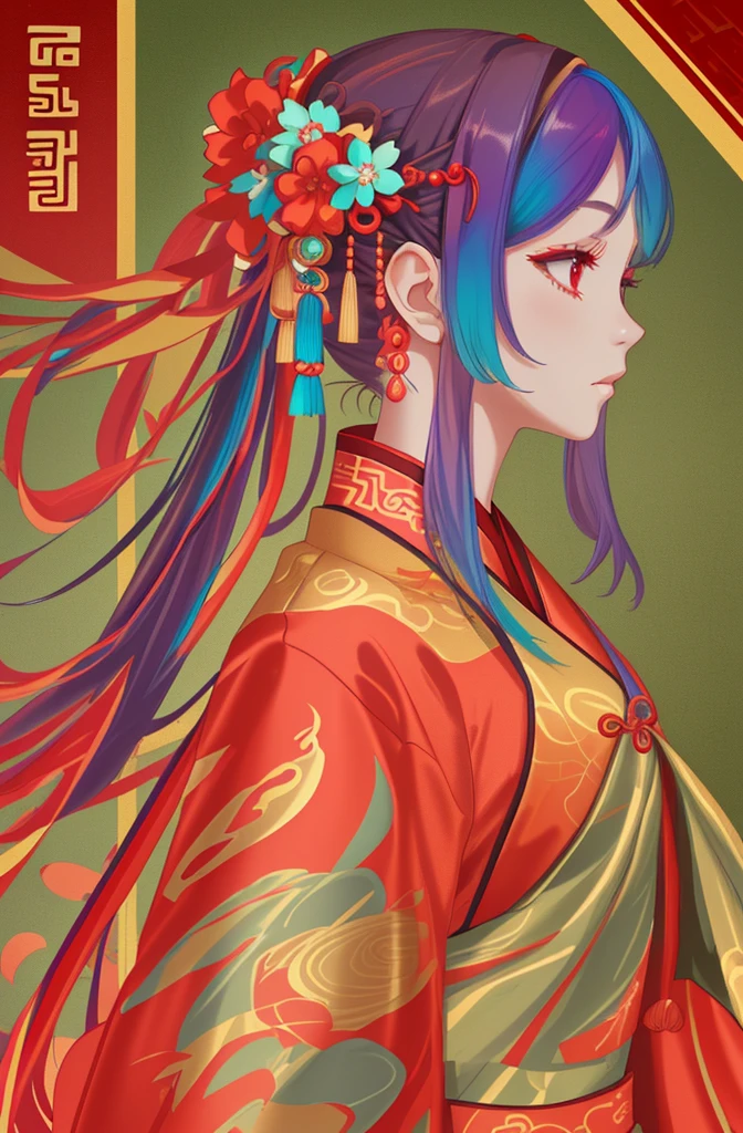 1girl, Colorful chinese clothing, Colorful hair ornaments, detailed Ancient chinese indoors background, night, chinese red