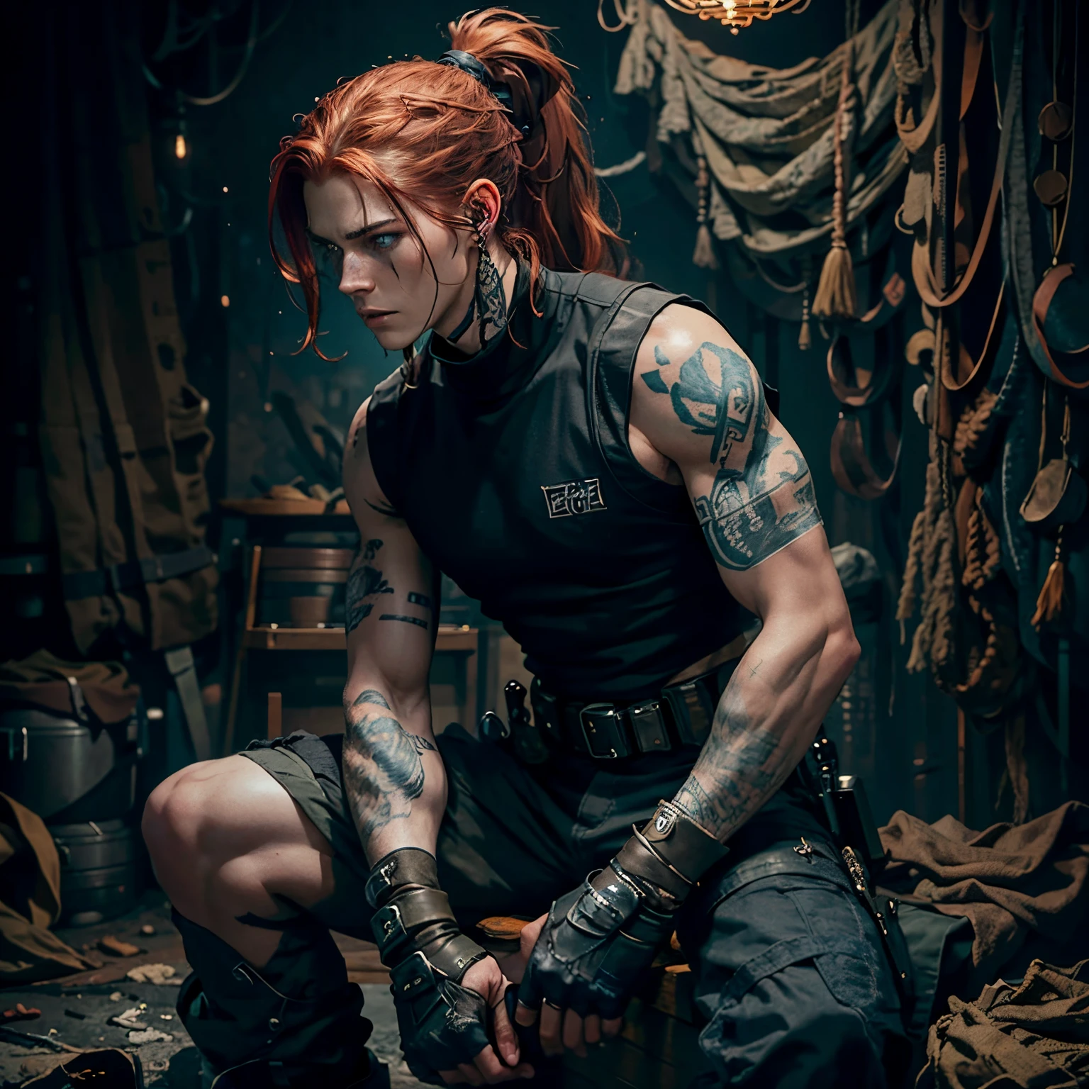 male, masculine, Outfit=faded t-shirt,military tactical gear,combat pants,combat boots,fingerless gloves. Hair=Long,Auburn hair,Messy,tied back in a ponytail. Eyes=light blue,icy,dull. Features=Very Tall,6'6",Lanky,long nose,pierced ears,pale. Tattoos=watercolor style Dutch landscapes on forearms, dark background, sitting down, dim lighting, apocalyptic background, looking towards camera