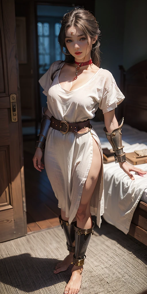 full body, female slave barefoot, Solo, female, (red skin), linen tunic, fantasy village, muscular, armor, slave outfit, armor, slave, bracers, shackles, choker