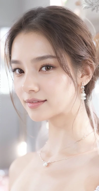 1 girl,(Brown hair semi-long)(beautiful hair),Brown eyes, actress, Pink lips (smile), shiny skin, best quality, masterpiece, (photorealistic:1.4), Asia, Korean, Wearing a jewelry necklace, wearing a white dress, Wearing pearl earrings,