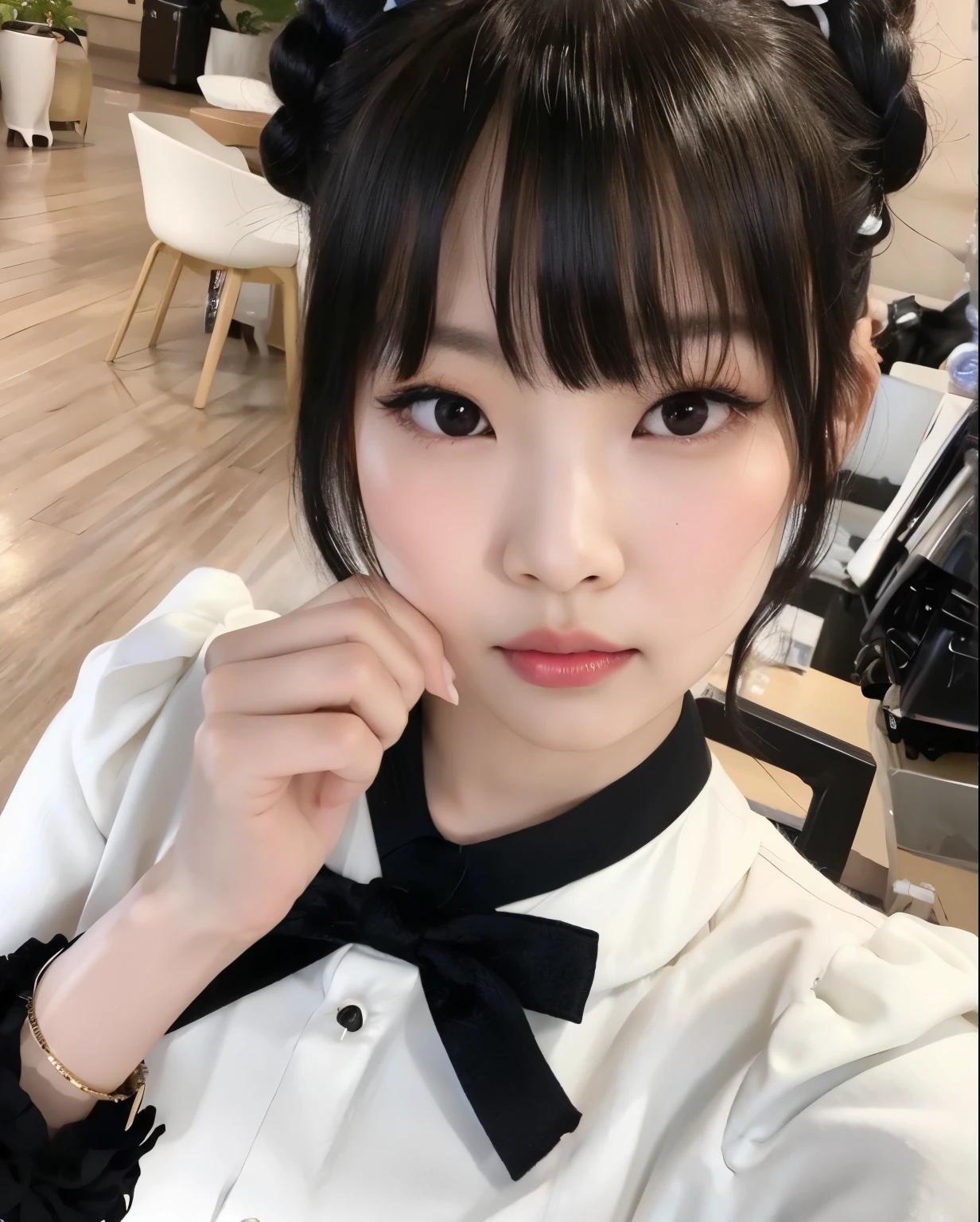 There's a woman with a bow tie posing for a photo, wan adorable korean face, Ulzzang, branco hime corte penteado, young cute wan asian face, Shikami, menina coreana, Ela tem cabelo preto com franja, Ruan Vtuber Fofo, preto hime corte cabelo, young adorable korean face, Lalisa Manobal, maquiagem sul-coreana popular
