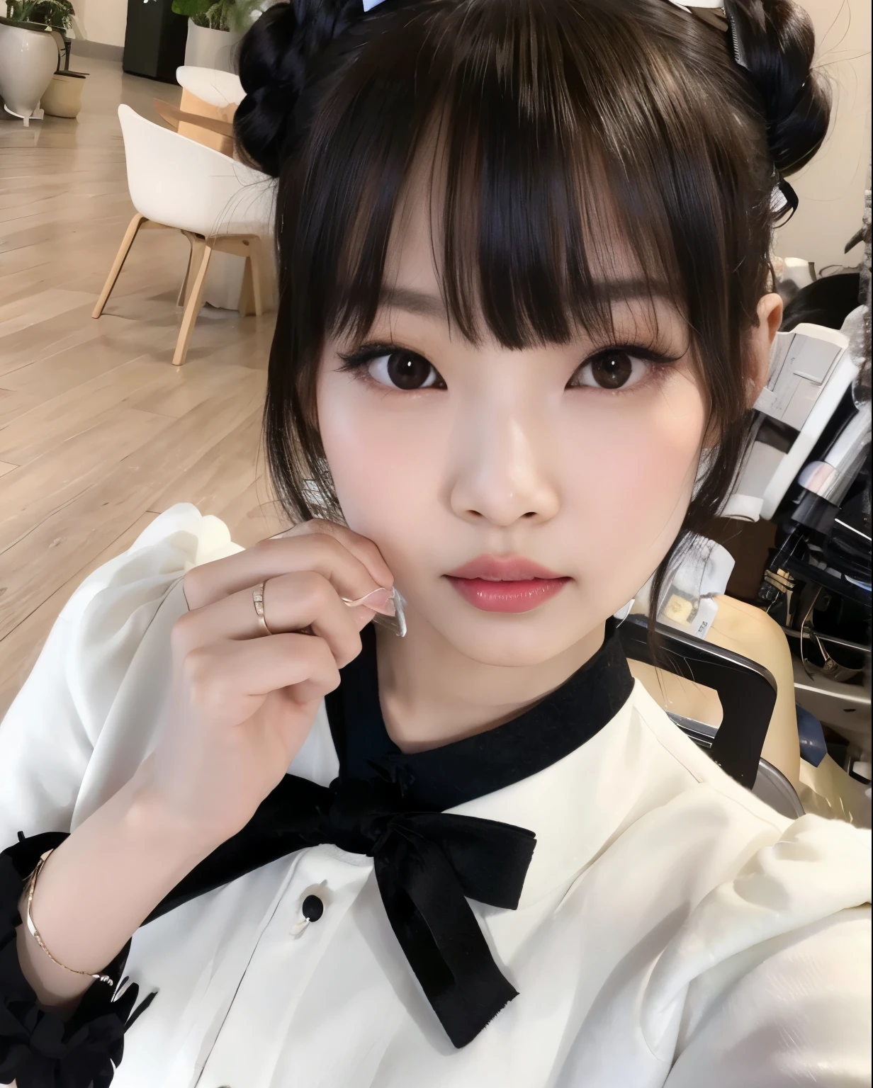 There's a woman with a bow tie posing for a photo, wan adorable korean face, Ulzzang, branco hime corte penteado, young cute wan asian face, Shikami, menina coreana, Ela tem cabelo preto com franja, Ruan Vtuber Fofo, preto hime corte cabelo, young adorable korean face, Lalisa Manobal, maquiagem sul-coreana popular