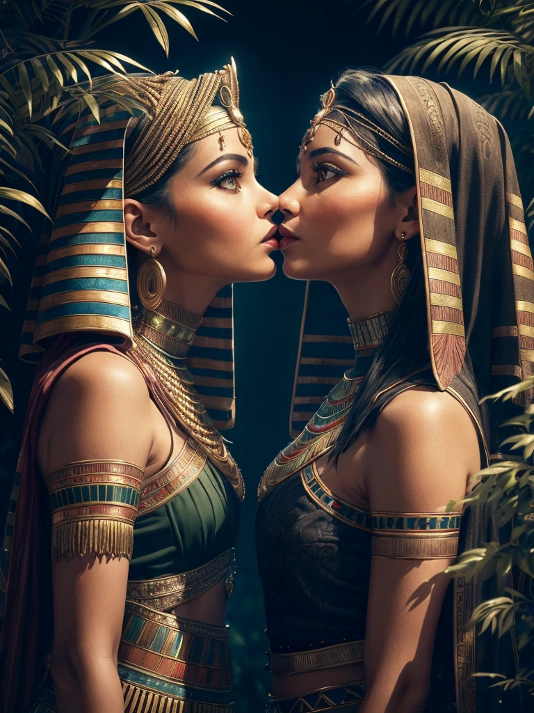 Beautiful girl, , Cleopatra, queen of Egypt, ancient Egypt outfit,, kneeling, cameltoe ,back view, 2 women 