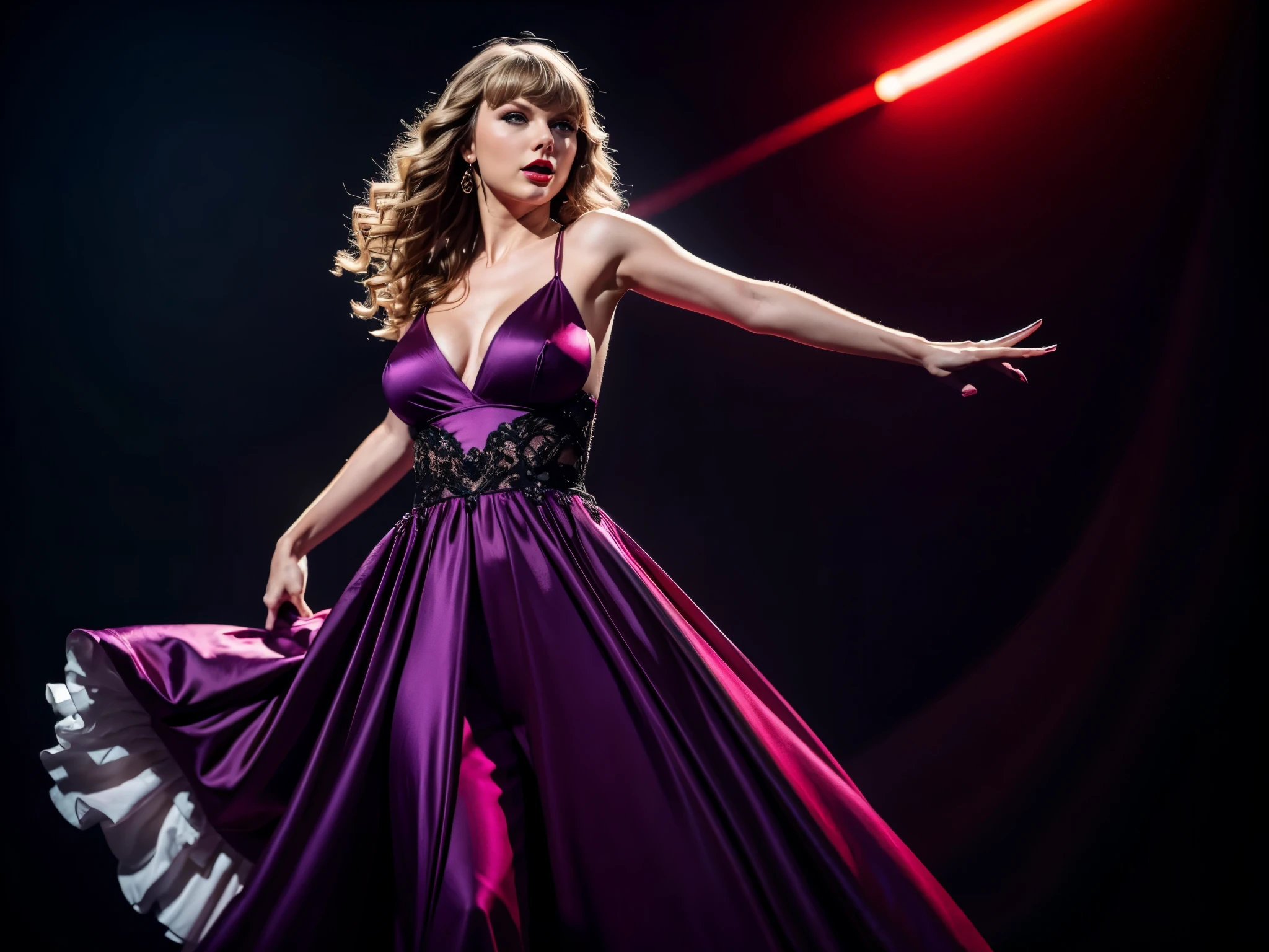 Taylor Swift, enormous tits, wearing a long, flowing purple gown with curly hair and red lipstick. (twirling:1.5), (empty dark background:1.5)