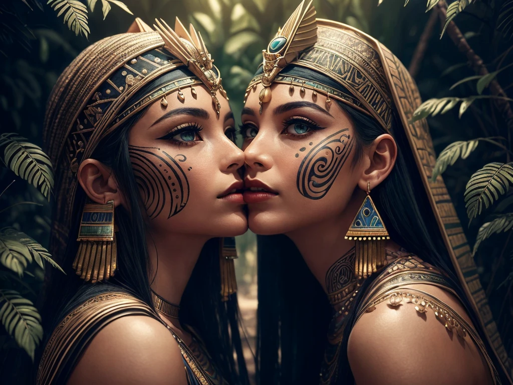 adult Egyptian woman, green eyes, black hair flaps, makeups , upper body, looking at viewer, detailed background, detailed face,  OldEgyptAI, ancient egyptian theme,  feral jungle warrior, pink tribal clothing, obsidian, defensive stance, stone knife, bushes, poisonous plants, rocks,  humid climate, darkness, cinematic atmosphere,
dark chamber, dim light, zentangle, mandala, tangle, entangle, (golden, red, blue and green tone:0.5)
(35mmstyle:1.1), front, masterpiece, 1970s film, , cinematic lighting, (photorealistic:1.5), high frequency details, 35mm film, (film grain), film noise, (2girls:1.2), (kiss:1.3), (eye contact:1.2)