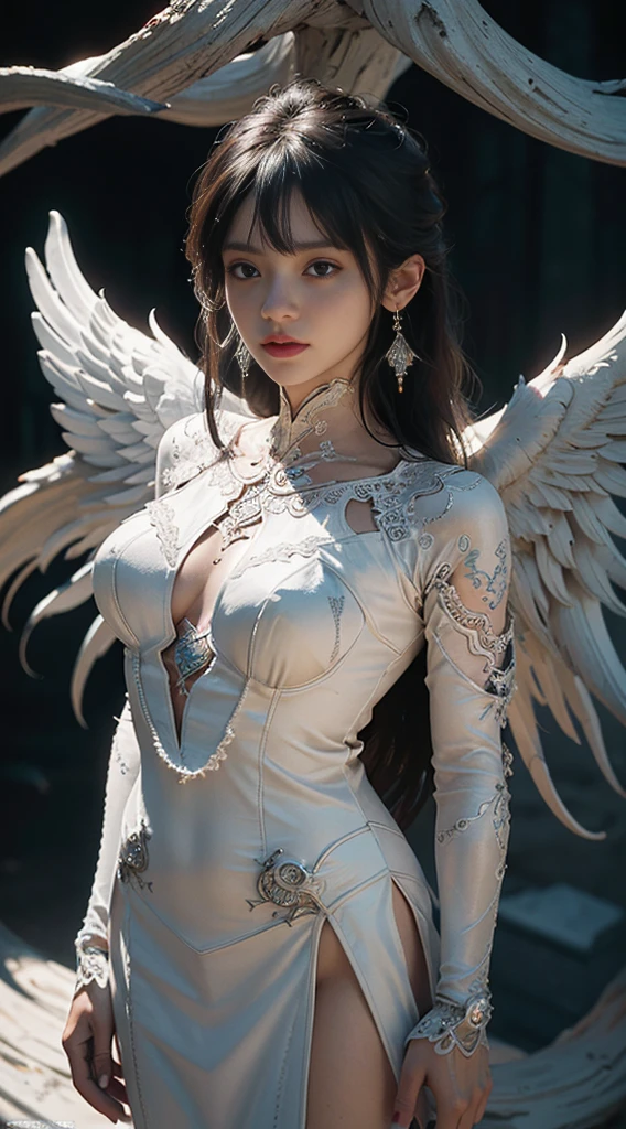 Intricate 3d rendering ultra-detailed beautiful angel of death, biomechanical robot, simulated 150mm lens, beautiful natural soft edge light, neon veins, roots, white delicate leaf lace, colorful details, Boris Bidjan Saberi costume, pearl earrings, piercings, art nouveau fashion embroidery, intricate details, mesh lines, Mandelbrot fractals, facial muscles, cables, microchips, villains, surreal, ultra-detailed, octane, volumetric lighting, 8k and post-production, red The white has a little bit of black, Metal Skeleton Details, Half-Human, Iridescent, Glenn Brown Style, Futuristic Room, Power of God, High Angle Shot, Complex Body Poses, white dress up, 8k