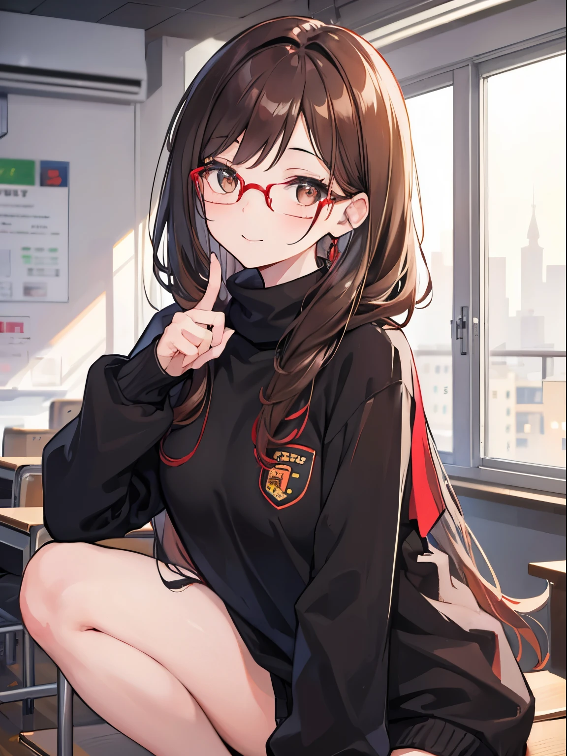 girl with,Brown hair,Amber eyes,length hair,top-quality,Red Frame Glasses,pupils,Winters,Black sweater,Gentle smile,schools,In class
