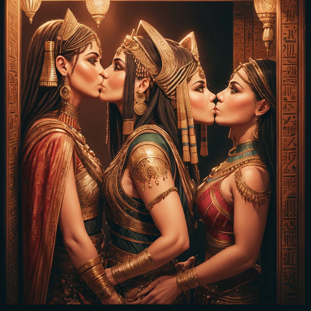 Create a stunning portrait of Queen Cleopatra, emphasizing its royalty and elegance. The scene is supposed to capture Cleopatra sitting on her golden throne, adorned with opulent Egyptian jewelry, including a golden crown encrusted with precious stones. Behind her, include a view of the Nile River with a stunning sunset, highlighting the grandeur of his empire. Utilize a rich color palette and meticulous details to reflect your majesty and power