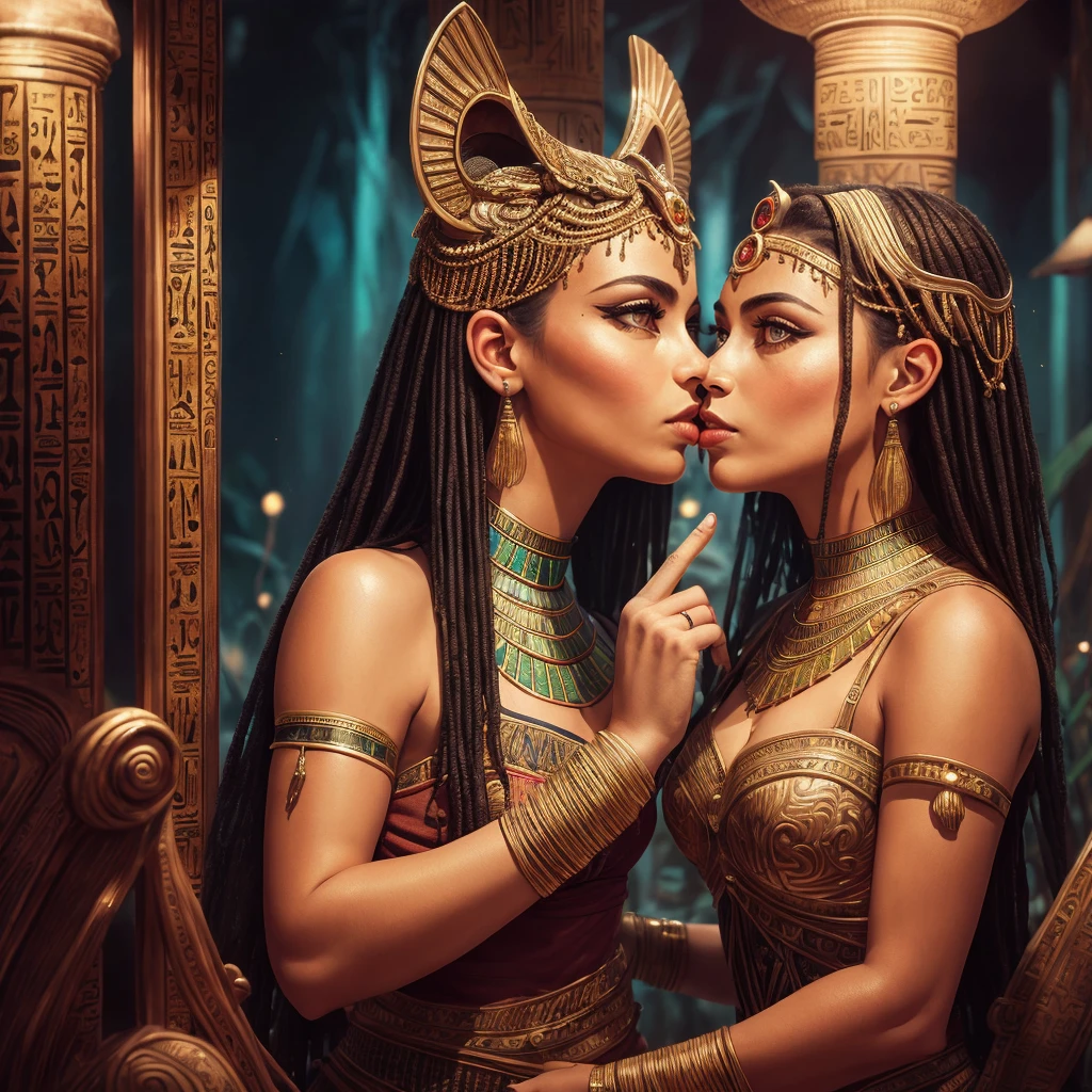 adult Egyptian woman, green eyes, black hair flaps, makeups , upper body, looking at viewer, detailed background, detailed face, OldEgyptAI, ancient egyptian theme, feral jungle warrior, pink tribal clothing, obsidian, defensive stance, stone knife, bushes, poisonous plants, rocks, humid climate, darkness, cinematic atmosphere,
dark chamber, dim light, zentangle, mandala, tangle, entangle, (golden, red, blue and green tone:0.5)
(35mmstyle:1.1), front, masterpiece, 1970s film, , cinematic lighting, (photorealistic:1.5), high frequency details, 35mm film, (film grain), film noise, (2girls:1.2), (kiss:1.3), (eye contact:1.2)