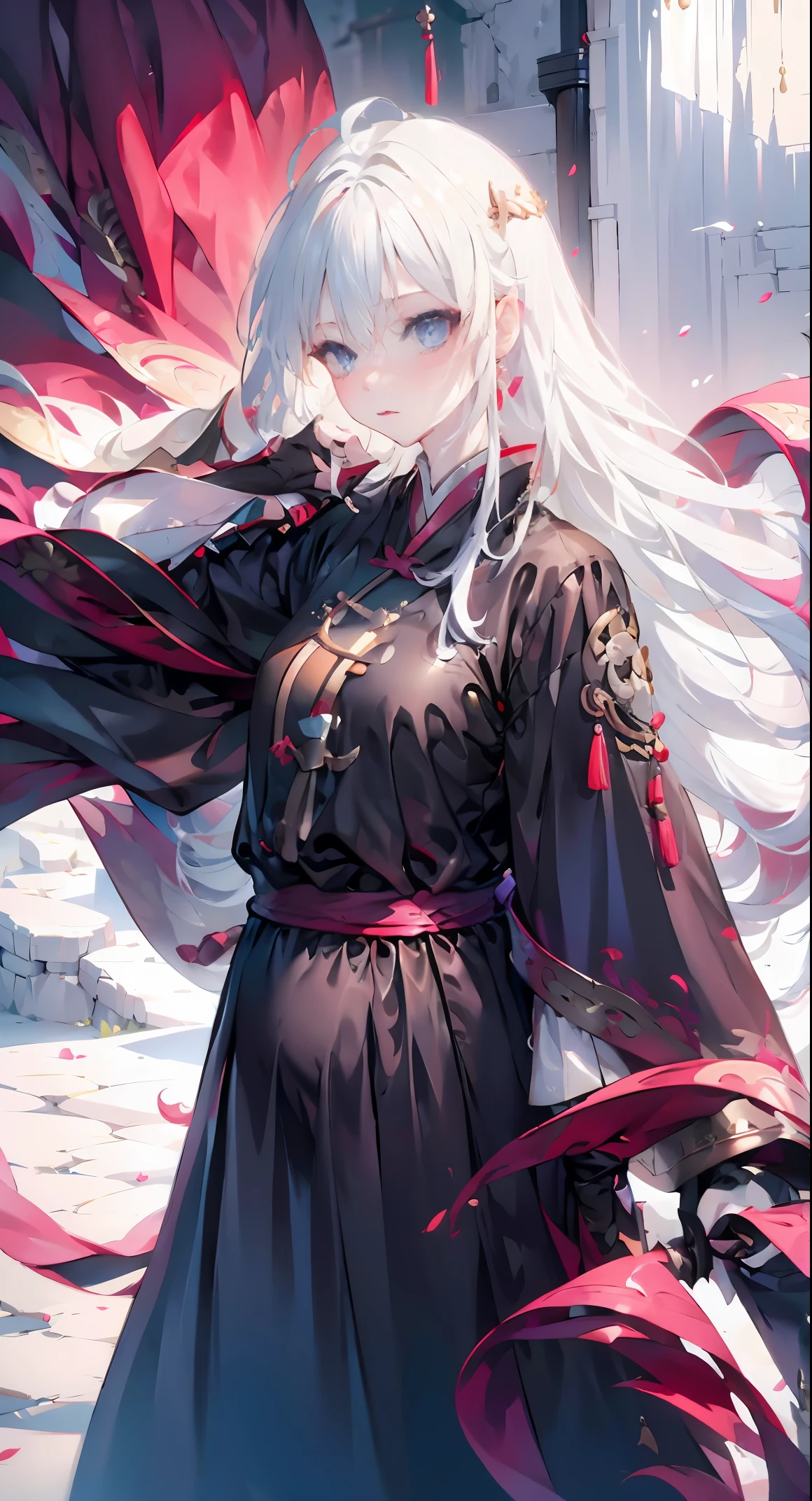 Golden hairpin, white ash hair, black shirt, white skirt, (black cloak:1.2), pale face, sweating, heavy breath, blushing, pregnancy dresest quality:1.2), ultra-detailed,realistic ,portraits, vivid colors, soft lighting, interesting PoV, stocking, straight hair, pregnant, Pregnant belly, Chinese sword, anime girl, solo girl