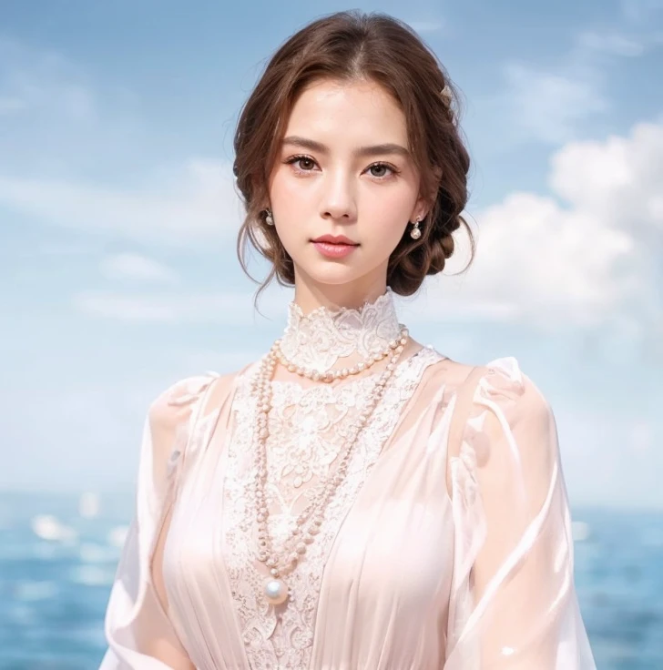 1 royal era noble girl, brown hair in a bun, Blue eyes, pink lips, Wearing a white dress, wearing a pearl jewelry necklace, wearing pearl earrings, Asian, Korean, actress