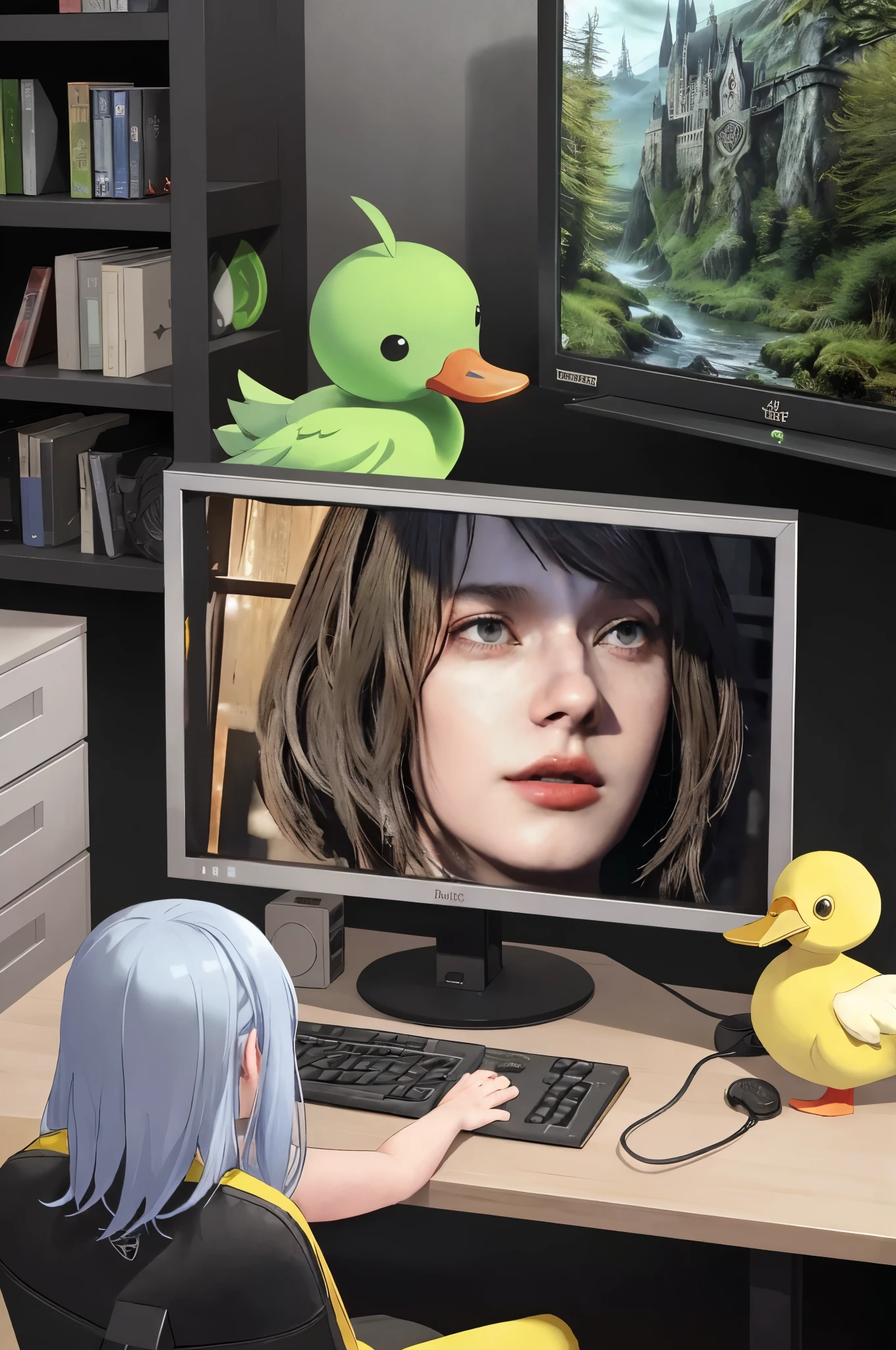 (masterpiece, best quality:1.2), television, crt, 1girl, solo, medium breasts, victorious, looking ahead, lying, fetal position, outdoors, salt marsh, wetlands, boardwalk, birdwatching, serenity, tranquil waterways, unique ecosystem, diverse birdlife, scenic boardwalks, peaceful atmosphere, long hair, beachy waves, gown, ribbon, gray eyes
