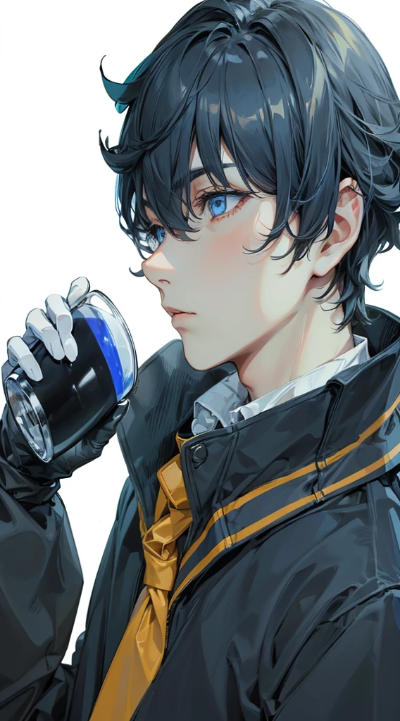 Boy holding cup in side view wearing dark gray golden brown bordered with dark blue gray hair and blue eyes with white polo and gloves in hand