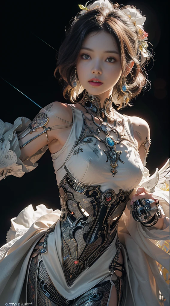 Intricate 3d rendering ultra-detailed beautiful angel of death, biomechanical robot, simulated 150mm lens, beautiful natural soft edge light, neon veins, roots, yellow delicate leaf lace, colorful details, Boris Bidjan Saberi costume, pearl earrings, piercings, art nouveau fashion embroidery, intricate details, mesh lines, Mandelbrot fractals, facial muscles, cables, microchips, villains, surreal, ultra-detailed, octane, volumetric lighting, 8k and post-production, red The white has a little bit of black, Metal Skeleton Details, Half-Human, Iridescent, Glenn Brown Style, Futuristic Room, Power of God, High Angle Shot, Complex Body Poses, yellow dress up, 8k
