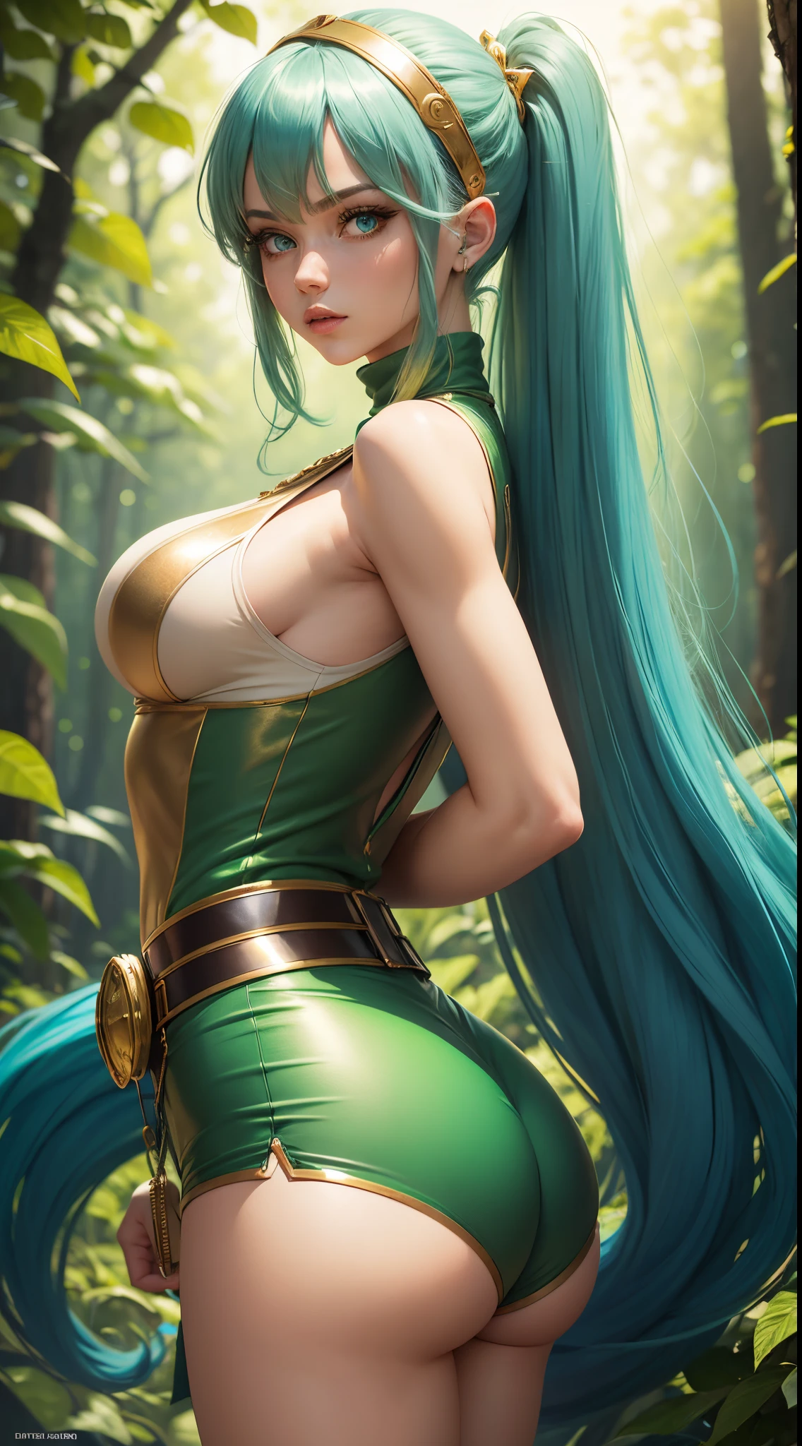 Master piace, super detail, quality, sensuality woman, , green hair, blue eyes, 2d blue background, green sleeveless turtleneck shirt, beige shorts, gold leaf belt, cut-in, butt, nature theme, buble effect