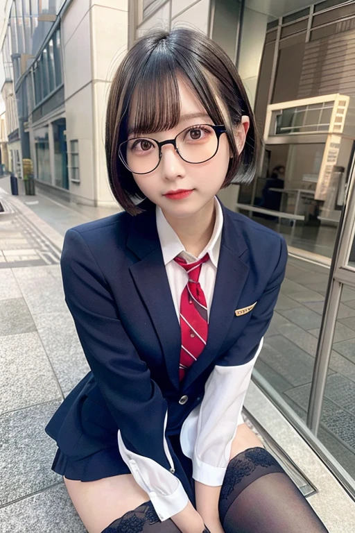 A surreal schoolgirl, , highly detailed giantess shot, der riese, Short hair details, black pantyhoses, female high school student。Wearing rimless glasses。Navy blue blazer、Red Tie、Minkirtlack pantyhose shoes.。She sits like a giant in a small city。In a miniature metropolis only feet high.