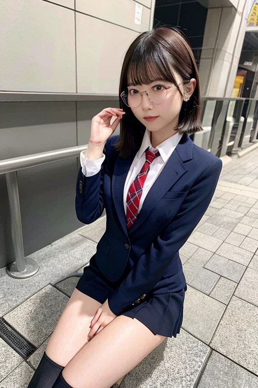 A surreal schoolgirl, , highly detailed giantess shot, der riese, Short hair details, black pantyhoses, female high school student。Wearing rimless glasses。Navy blue blazer、Red Tie、Minkirtlack pantyhose shoes.。She sits like a giant in a small city。In a miniature metropolis only feet high.