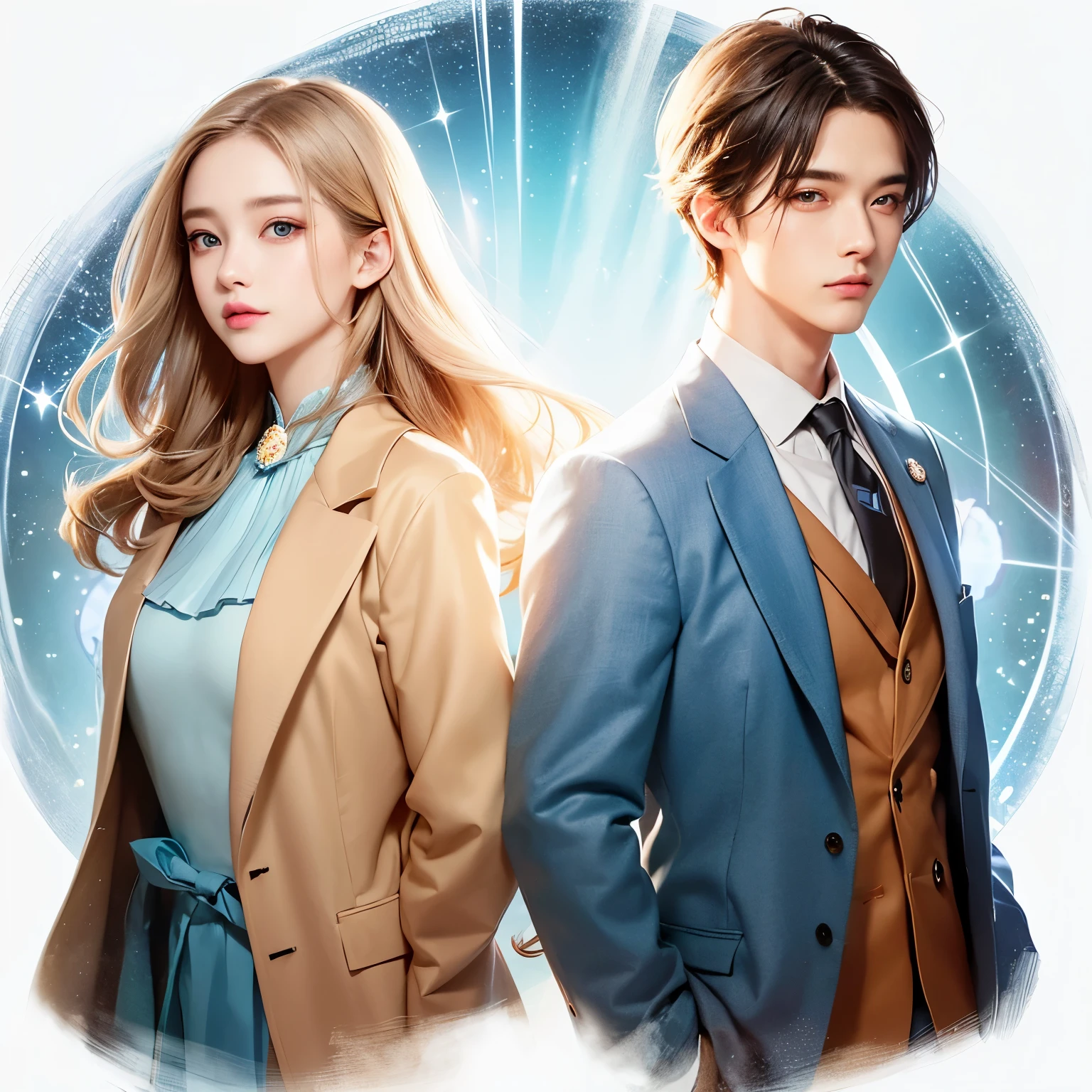 two beautiful men and women。Beautiful double eyes。Passed nasal muscle。well-shaped lips。Masterpiece。Contemporary attire。The two of them are about to move instantly.、Behind the two of them, a bluish-white emitting portal appears that leads to another dimension.。8K image quality。