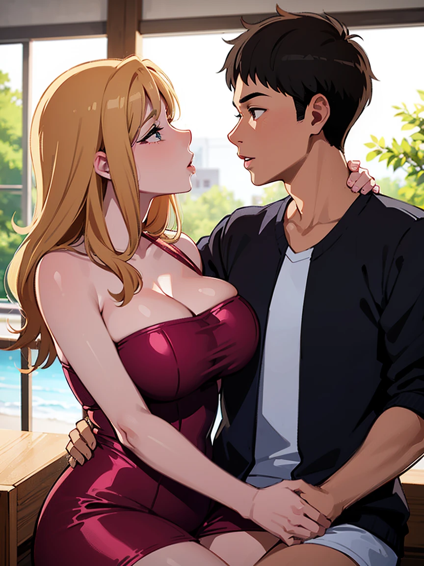 ((ung son)), (1mom), (duo), sitting, A mom seducing her young son, European 40 year old milfs with their young son with blonde and brown hair, best quality:1.4), (ultra highres:1.2), (8k, RAW photo:1.2), laurenalexis, (1mom, 1son), the mom is showing off their curves, bending over seductively, wearing sexy outfits and short shorts, with their young son, clear eyes, a mom and her young son, ((french kiss))