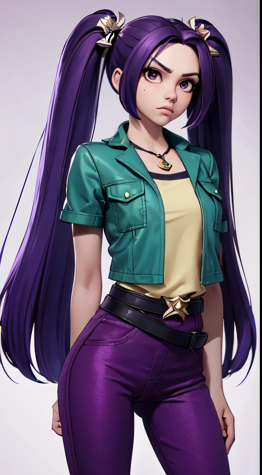 (masterpiece, best quality:1.2),cowboy shot,solo,1girl,mlparia,colored skin,purple skin,unamused,looking at viewer,twintails,hair ornament,green jacket,purple pants,belt,jewelry,necklace,cameltoe,(arms behind back),soft lighting,