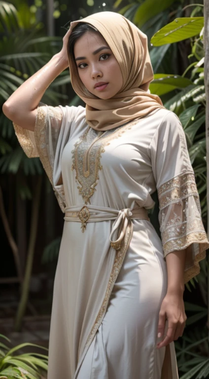 RAW, Best quality, high resolution, masterpiece: 1.3), beautiful Malay woman in hijau:0.8),Best quality, high resolution, Masterpiece: 1.3, Beautiful hijabi malay girl, Masterpiece, Soft smile,Beautiful Malay women wear small flower baju kurung,pastel color hijab , Quality 3, intricate details, Full body view, Malay woman in hijap, 25 year old white, Eyes glazed, (((hijap soaking wet and dripping with water))), thin, Super fitting clothes: white Nano tube top and Nano Lycras, Forest background under continuous heavy rain that soaks them, showing her beautiful body 92 59 90, flirty face, invisible base, film grain, Fuji color, Contrast of light and shadow, textured skin, (4 *intricate details), Dynamic pose, realism, sunlight, high contrast, HDR (High Dynamic Range), Ray tracing, NVIDIA RTX, super resolution, Unreal 5, Subsurface dispersion, PBR textures, Post-processing, anisotropic filtering, depth of field, Clarity and Maximum sharpness, Multi-layer textures, Albedo and specular maps, Surface shading, Precise light-material interaction simulation, Perfect proportions, High octane rendering, Bicolor lighting, wide aperture, low ISO, 50mm camera CANON eos professional lens