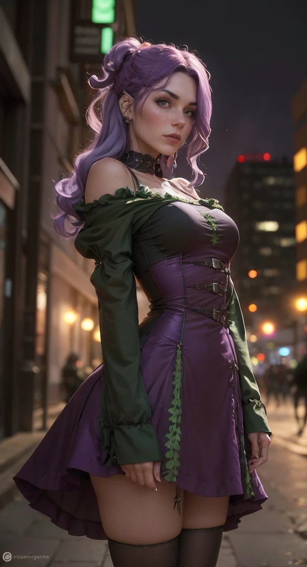 melhor qualidade, realista. 2 MULHERES, a girl with lilac hair/roxo. A outra garota tem cabelos verdes/verde. They are in the middle of a burning city, it is night time