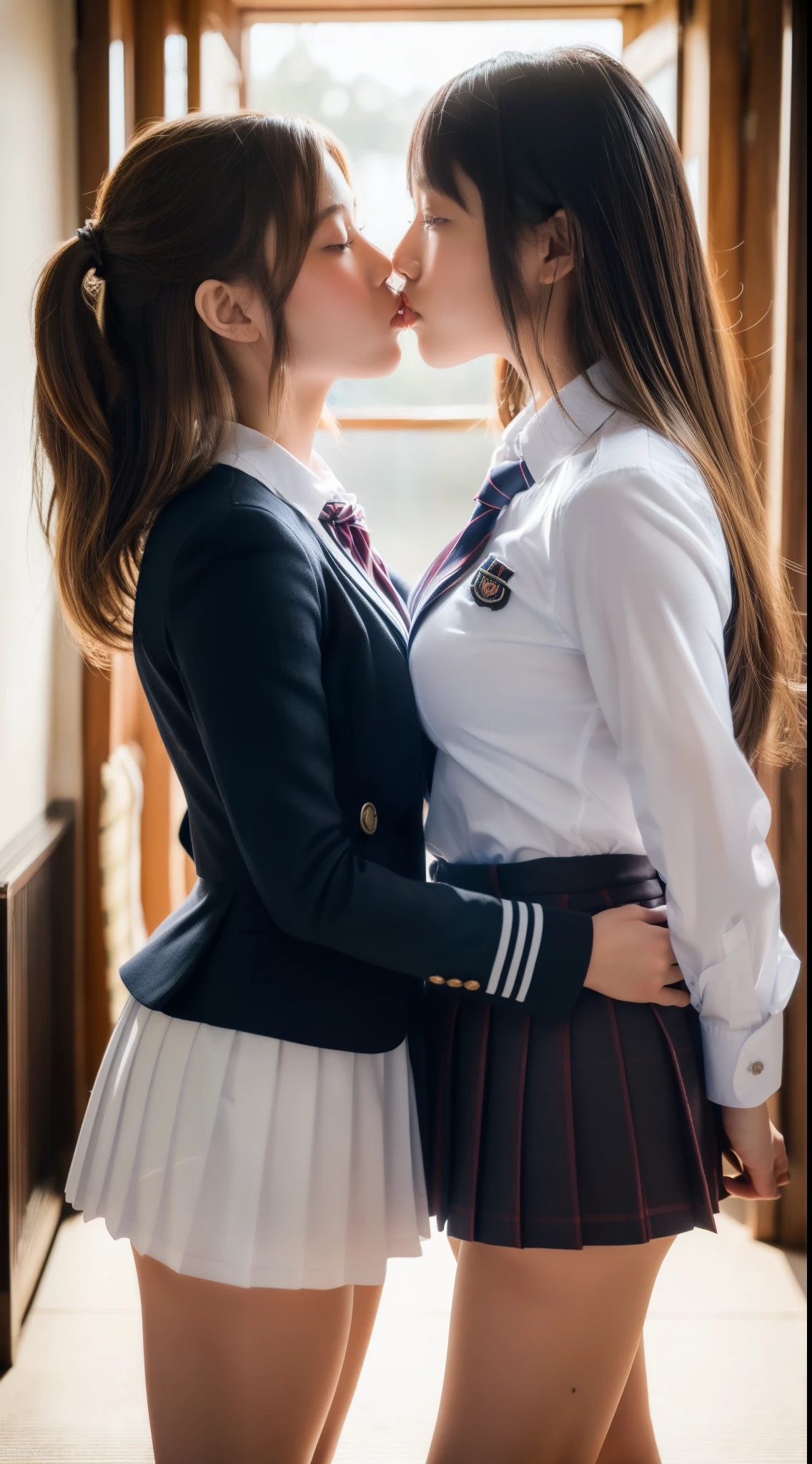 (Best Quality, Masterpiece, Photo realistic, Ultra Detailed, ultra high res, raw:1.3), (breast press), (2girls, pretty, Japanese), Huge Breasts, (kissing), school uniform, bangs, long hair, from side,