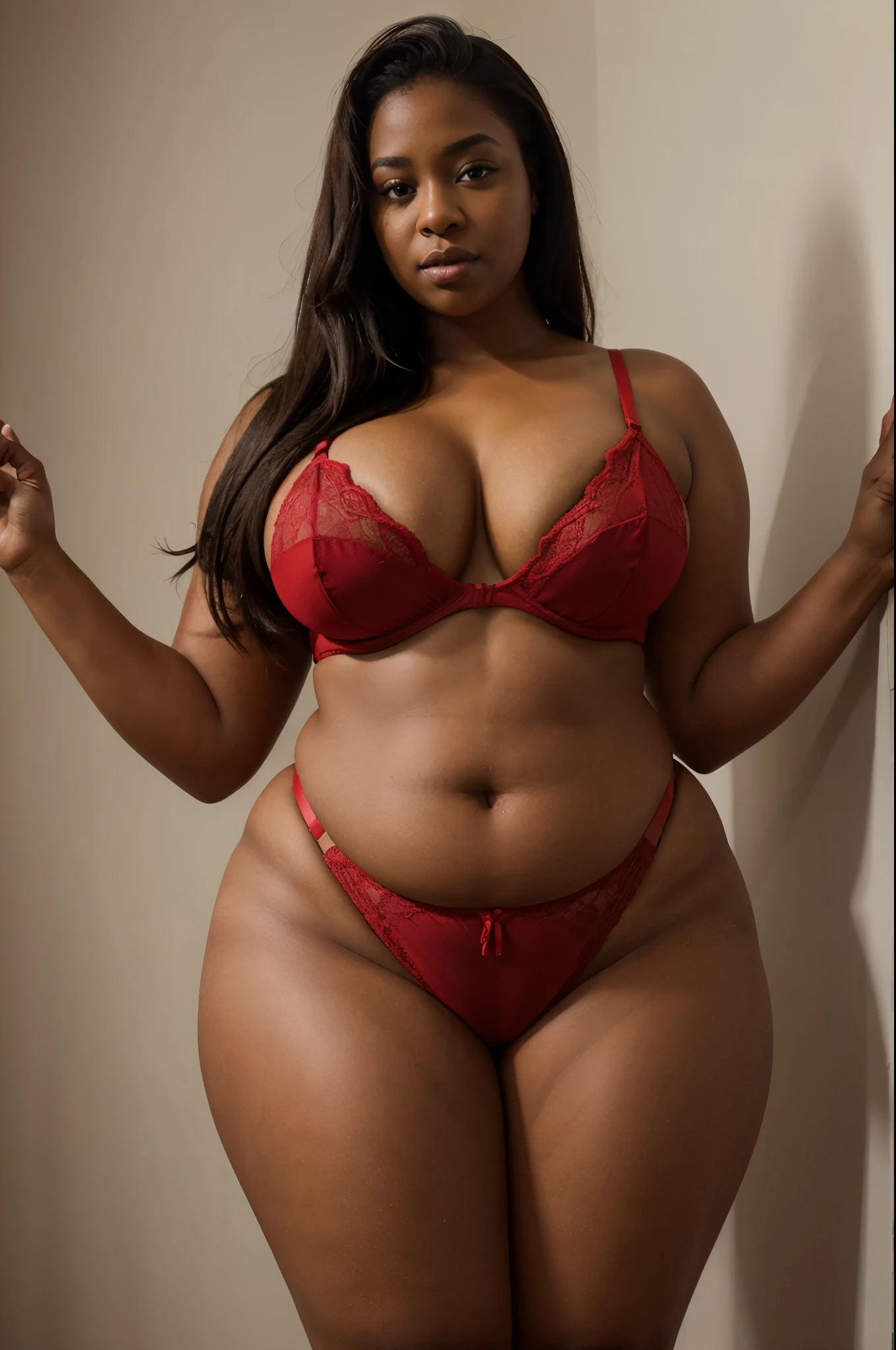 PLUS SIZE OBESE FAT dark skinned woman in bright red lingerie. HUGE HIPS huge thighs.