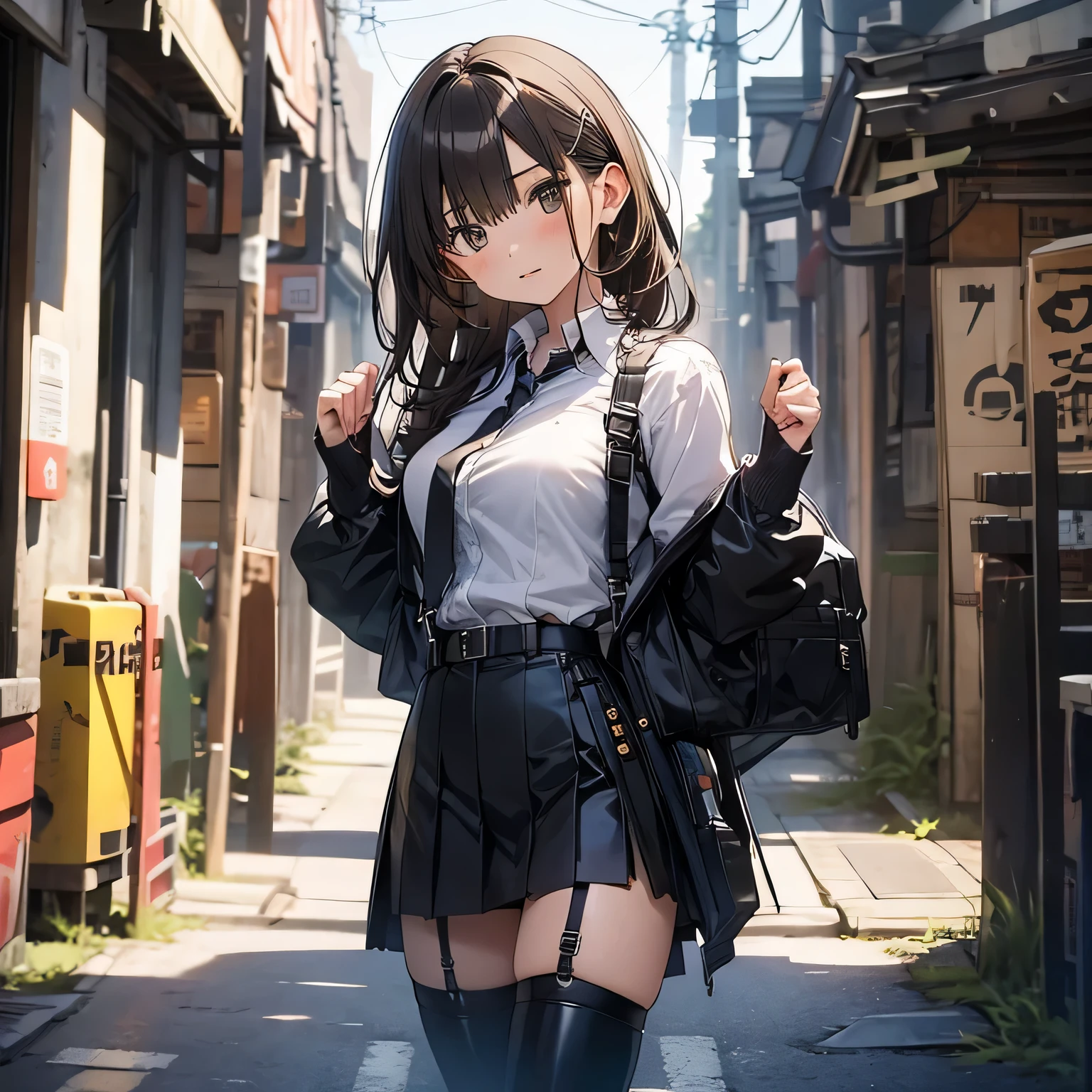 Brown hair、watching at viewers　　　black suspenders　　　bulging big tits　　 　 　　　walls: 　Black miniskirt　garters　　　　　　Gaze　　　a small face　bangss 　　　holster　　　Beautuful Women　　Hands up　　レッグholster ベッドに横たわる　　Gaze 　black boots panty shot　Provocation　flank　flank汗　Soio 　black suits　　Black jacket　Black pants　White cutter shirt