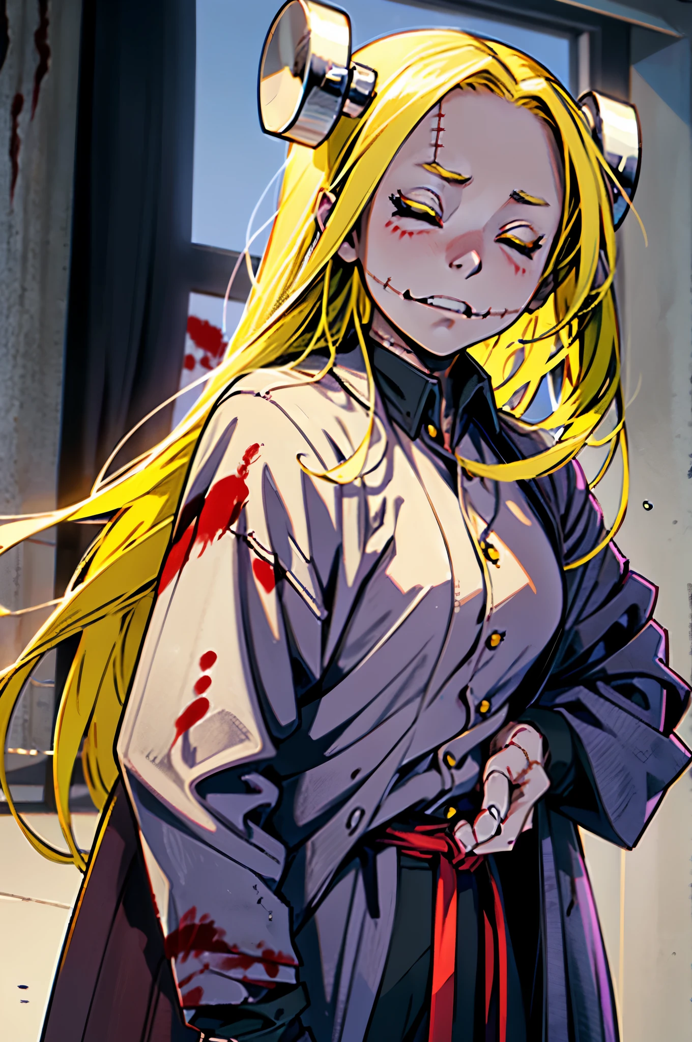 Madaraki_Fran,A  girl,stands,covered eyes,Happy,the madhatter ,surgeon ,Clean hands, hairlong , yellow hair,seams , Scars on the body , A creepy look , scary eyes , An intimidating look , creepy smile , bags under eyes, ((((Tired)))),blood on the face