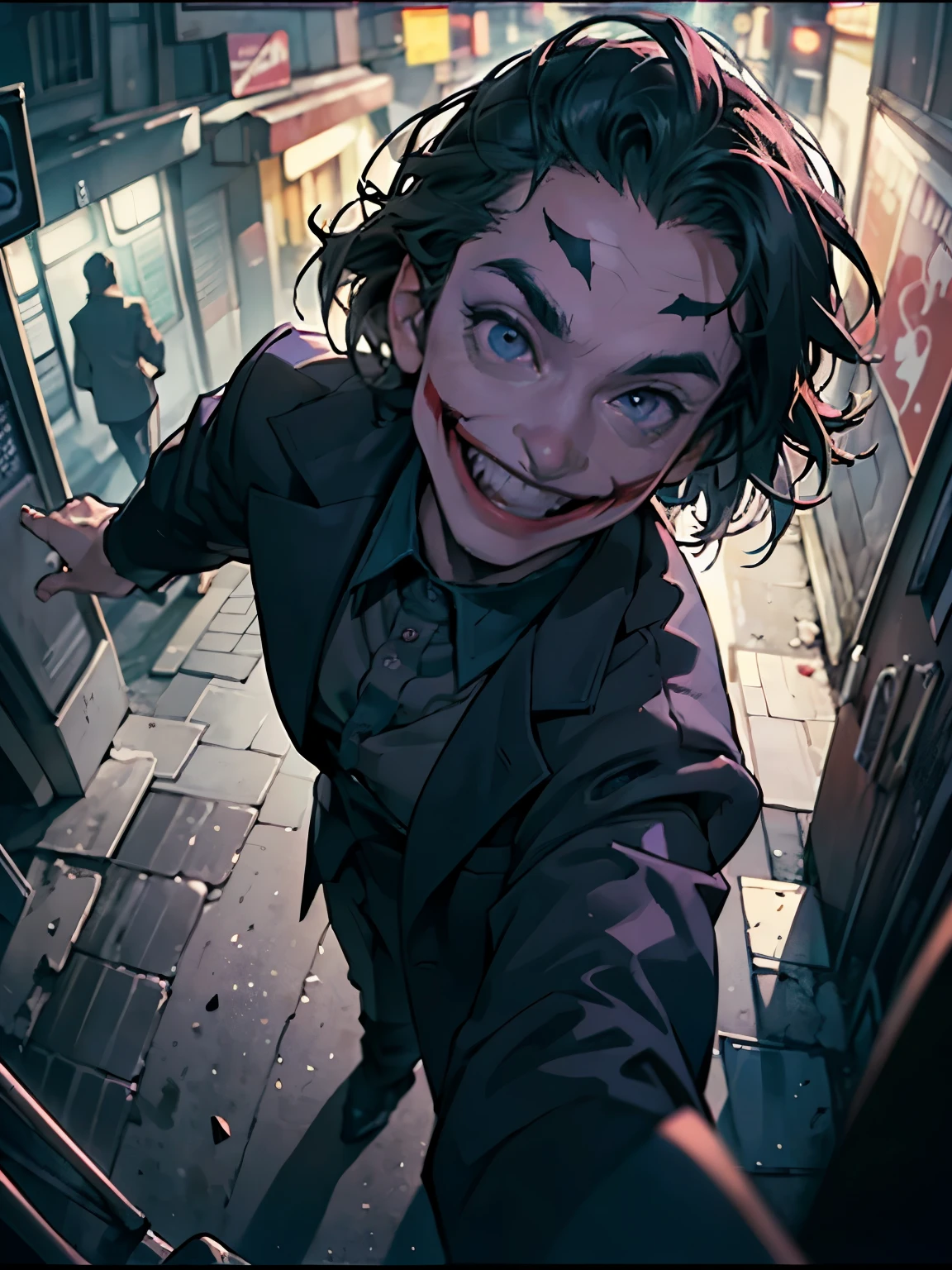 ( Masterpiece, best quality, cinematic lighting:1.2, backlit:1.6, rim light:1.6, hard light:1.4, side light:1.2, fisheye:1.2 ), (( high angle shot overhead pov )), ( bright alley street of england:1.2, night time, joker from batman, smile hand gestures against viewer , looking at viewer), narrow face:1.5, long face.1.7, sunken cheeks:1.6, smiling from eye to eye:1.8, excited eyes, wide smile, wearing purple suit, ( over exposure:1.4, depth of field, 8K, UHD)