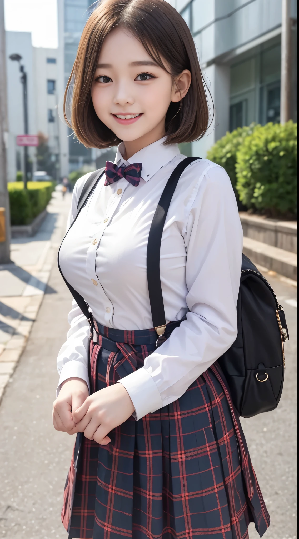 little young girl.................,, in front of the school、Connect to skirt with suspenders、White shirt with long sleeves、Plaid skirt、Lori, , sakimichan,, nice and cute, Innocent smile,  jaeyeon nam, Lovely smile, sakimichan HDRI、loli big boobs、(Beauty Big 1:1)、a blond、Little girl with short cuts