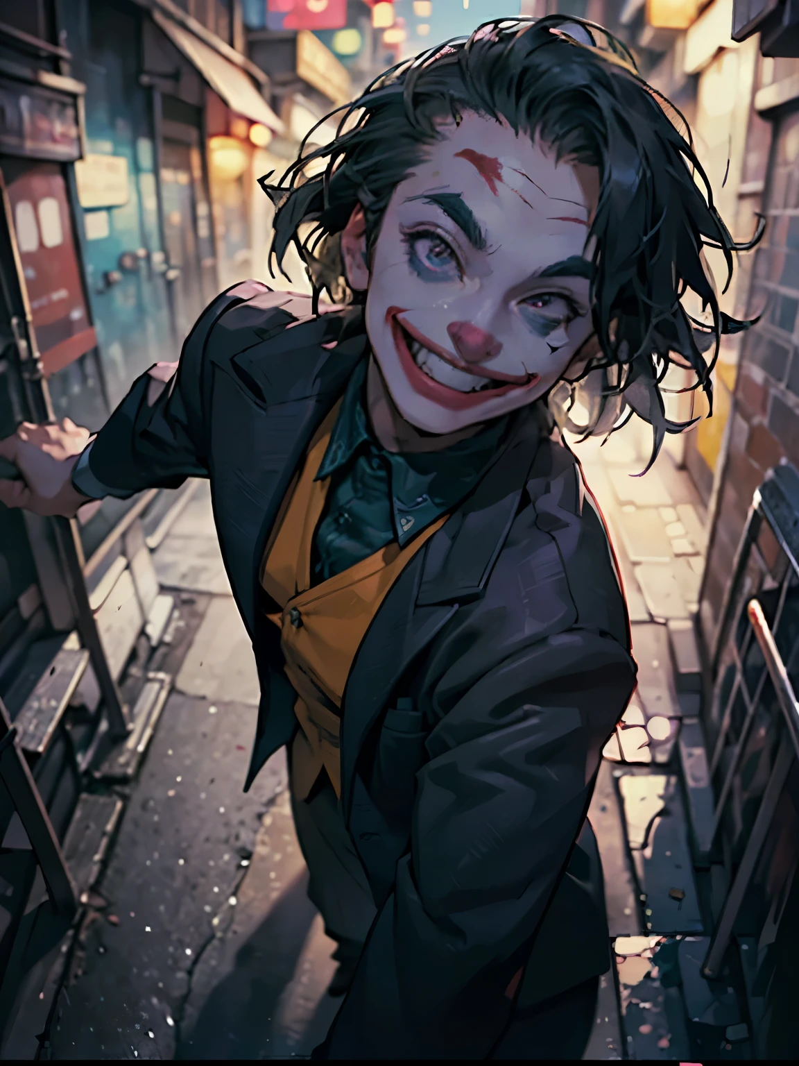 ( Masterpiece, best quality, cinematic lighting:1.2, backlit:1.6, rim light:1.6, hard light:1.4, side light:1.2, fisheye:1.2 ), (( high angle shot overhead pov )), ( bright alley street of england:1.2, night time, joker from batman, smile hand gestures against viewer , looking at viewer), narrow face:1.5, long face.1.7, sunken cheeks:1.6, smiling from eye to eye:1.8, excited eyes, wide smile, wearing purple suit, ( over exposure:1.4, depth of field, 8K, UHD)