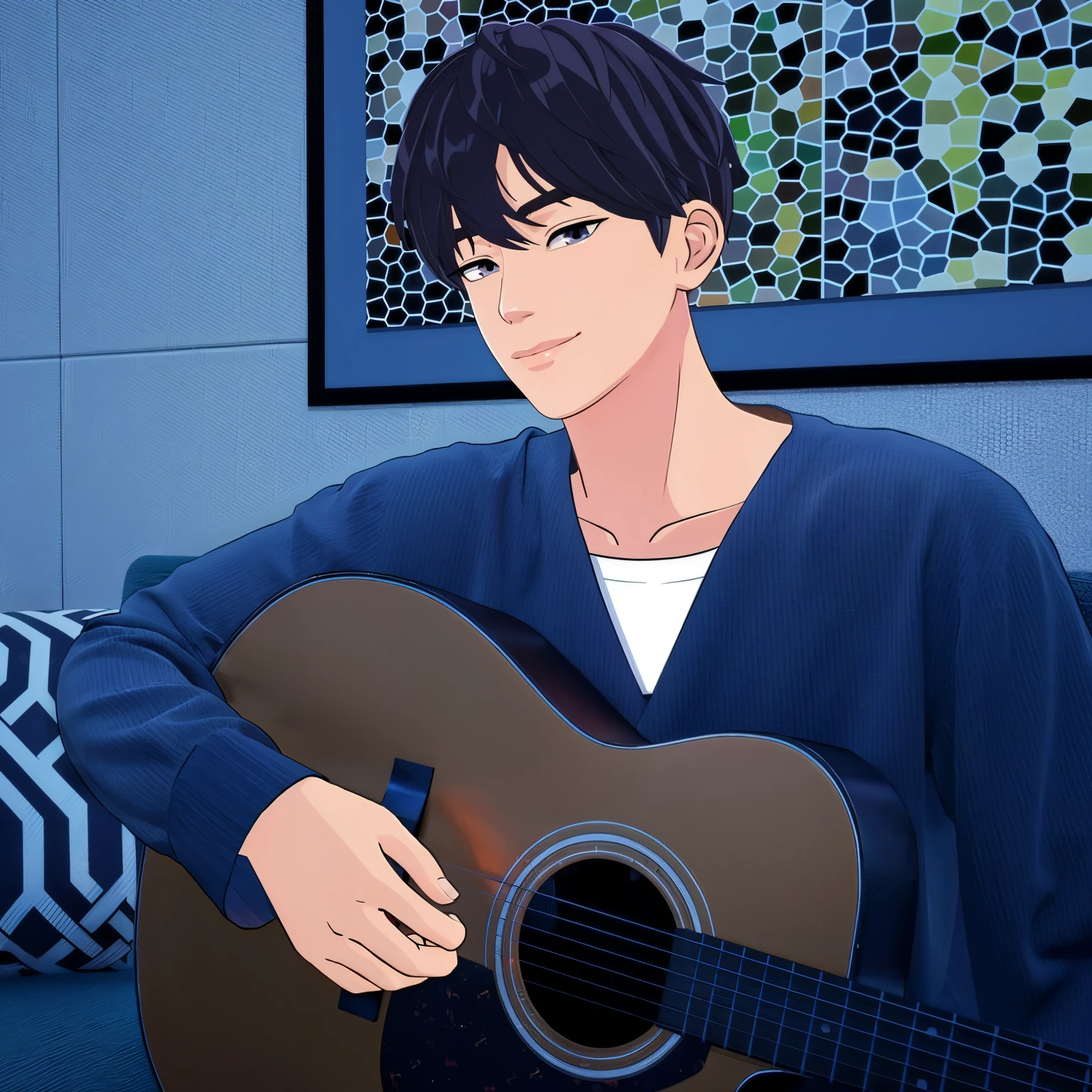 anime man with guitar in living room with blue couch, today's featured anime still, digital anime illustration, kentaro miura art style, sankakucomplex anime image, handsome anime pose, lofi artstyle, official fanart, kentaro miura style, shuushuu anime image, shigenori soejima illustration, realistic anime 3 d style
