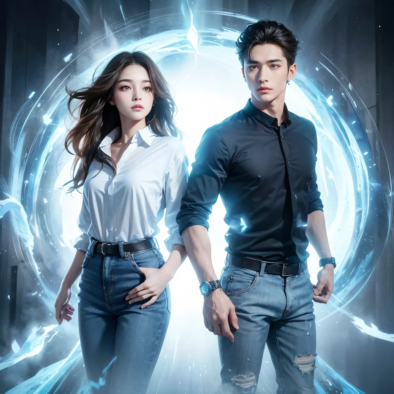 two beautiful men and women。Beautiful double eyes。Passed nasal muscle。well-shaped lips。Masterpiece。Contemporary attire。The two of them are about to move instantly.、Behind the two of them, a bluish-white emitting portal appears that leads to another dimension.。8K image quality。