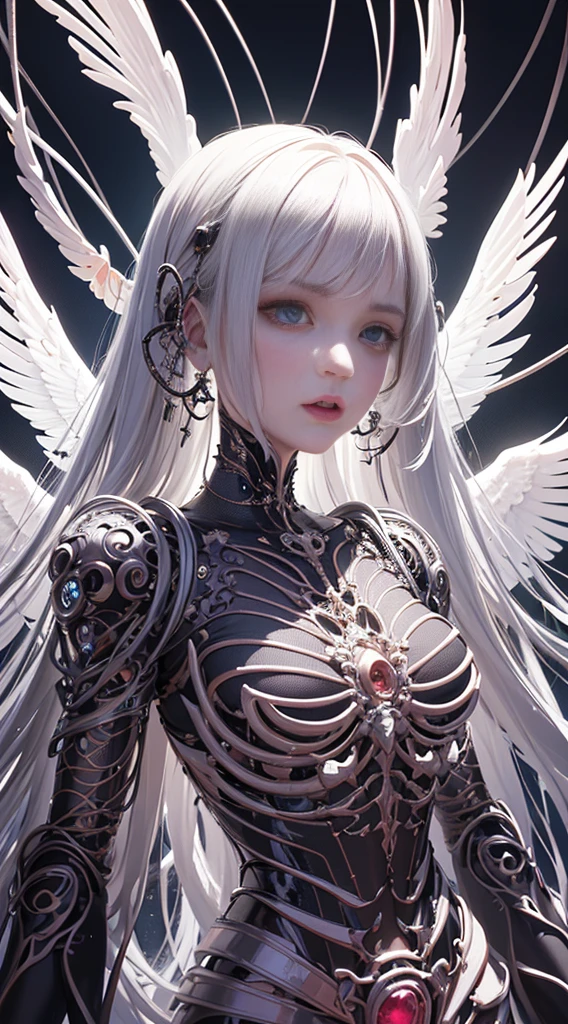 Woman with angelic body，Royal sister face， parfect anatomy， With technical skeleton parts， White， With clear eyes， angelicales， with fluorescent region， Background with a tree with fluorescent area， 8K， hentail realism， Full-HD， 3D --auto --s2