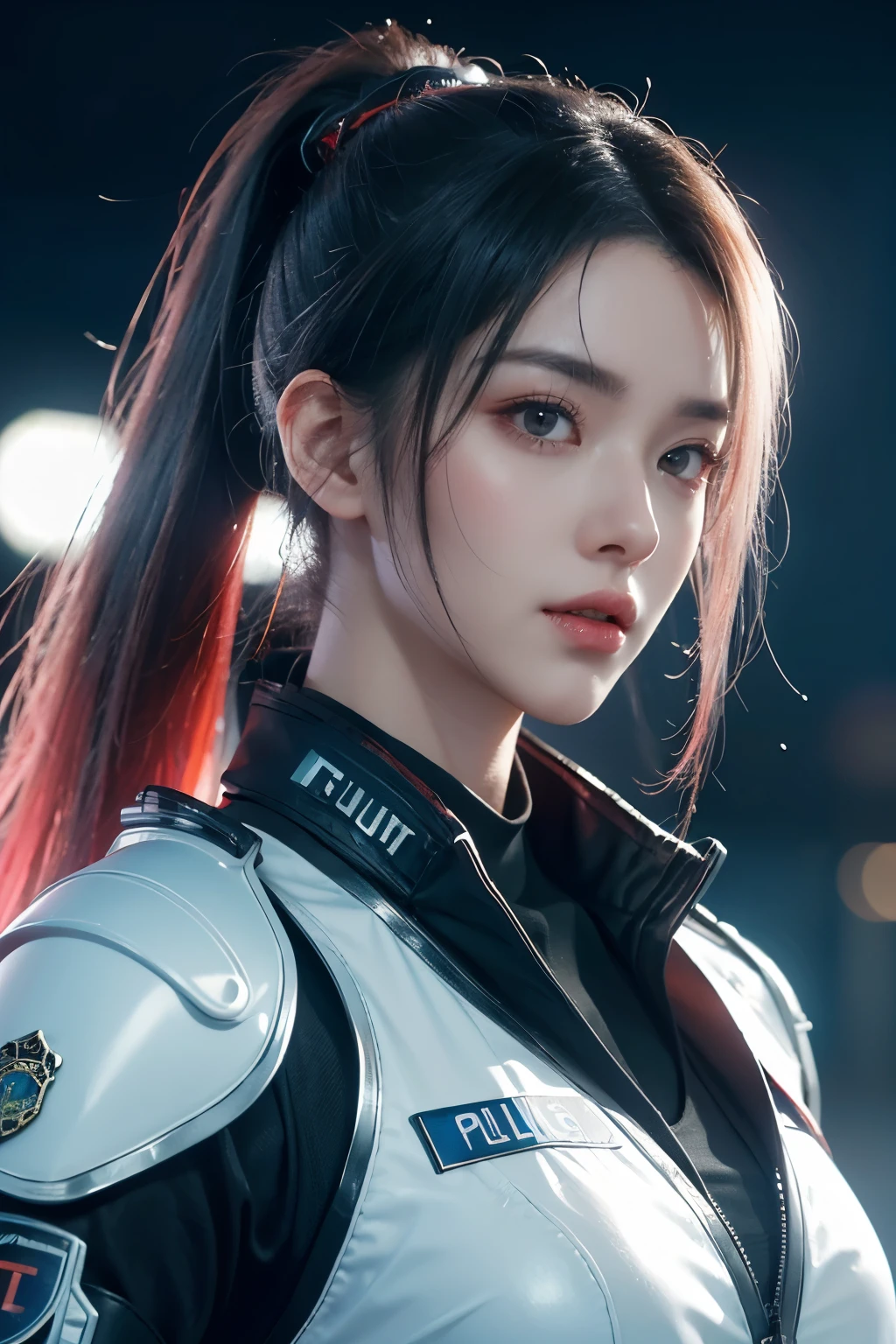 tmasterpiece，Best quality at best，A high resolution，8K，((Portrait))，(Head close-up)，Original photo，real photograph，digital photography，(The sci-fi lady of the cyberpunk world)，(Future police officer)，20-year-old girl，(Hair gradients of black and red)，Gray随机发型，Red eyes，(White and gray gradient ponytail hair，Gray)，(Big breasts)，An extravagant ornament，cparted lips，Keep your mouth shuegant and charming，((Blushing))，Proud and handsome，Calm and handsome，(Police uniform，Future World combat suit full of technology，Joint Armor，Badge，A delicate pattern)，(Policewoman)，Photo pose，cyber punk personage，Future Style，rainy days，City background at night，oc render reflection texture