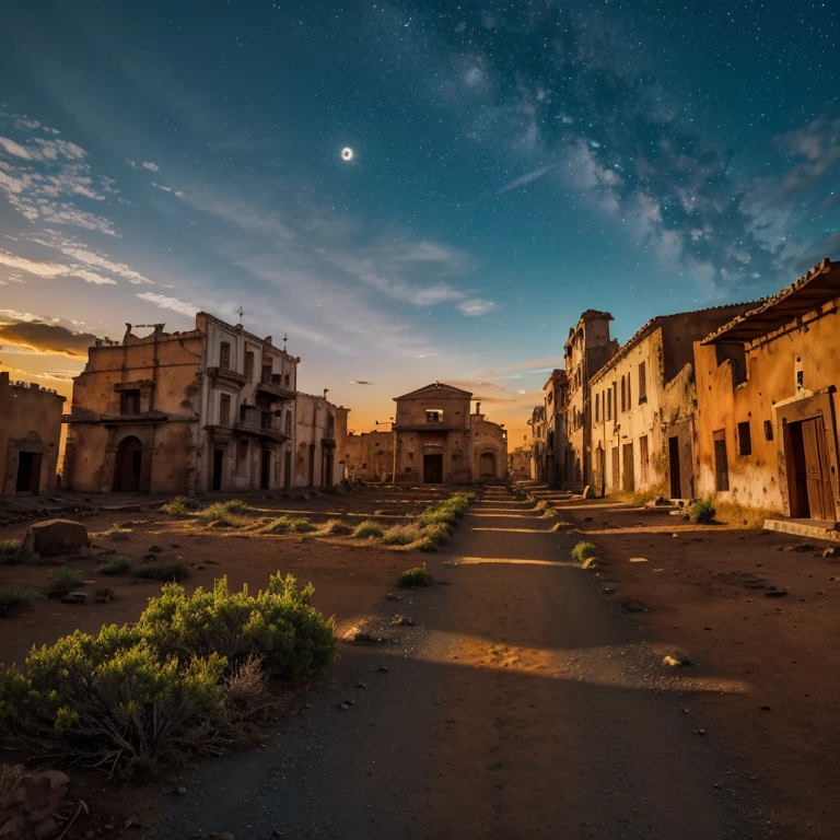 la mejor calidad, 4k, paisaje post apocaliptico, colores tenues, edificios en ruinas, en el atardecer, lobos caminando en la lejania, la luna y el sol visibles en el cielo